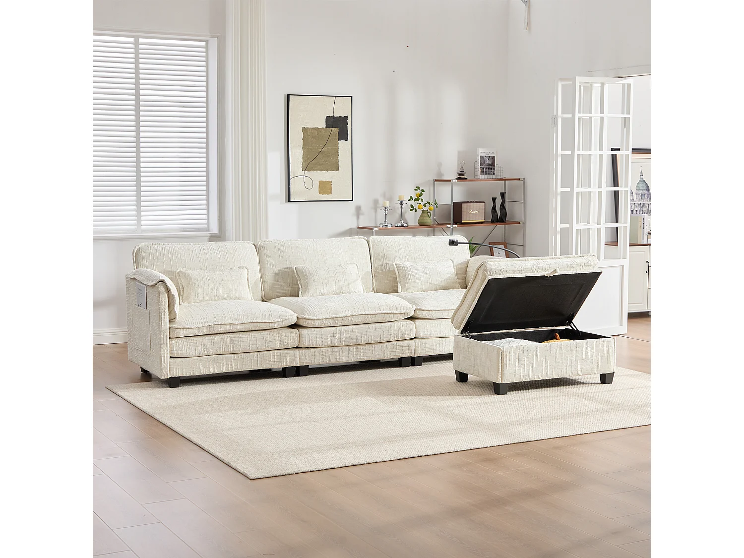 Sofá de 3 plazas con otomana - Sofá esquinero con soporte para teléfono y bolsillos laterales - chenilla beige