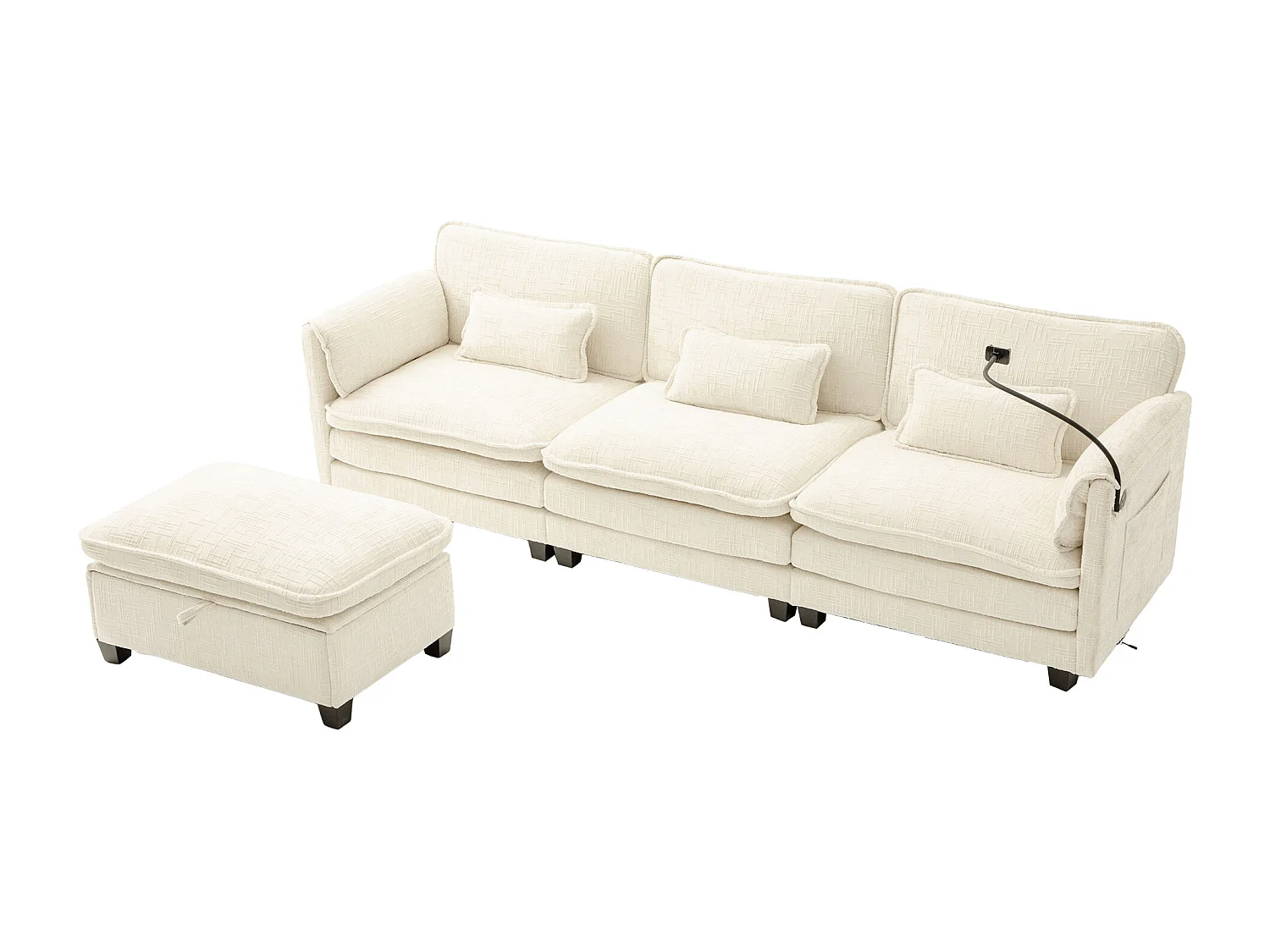 Sofá de 3 plazas con otomana - Sofá esquinero con soporte para teléfono y bolsillos laterales - chenilla beige