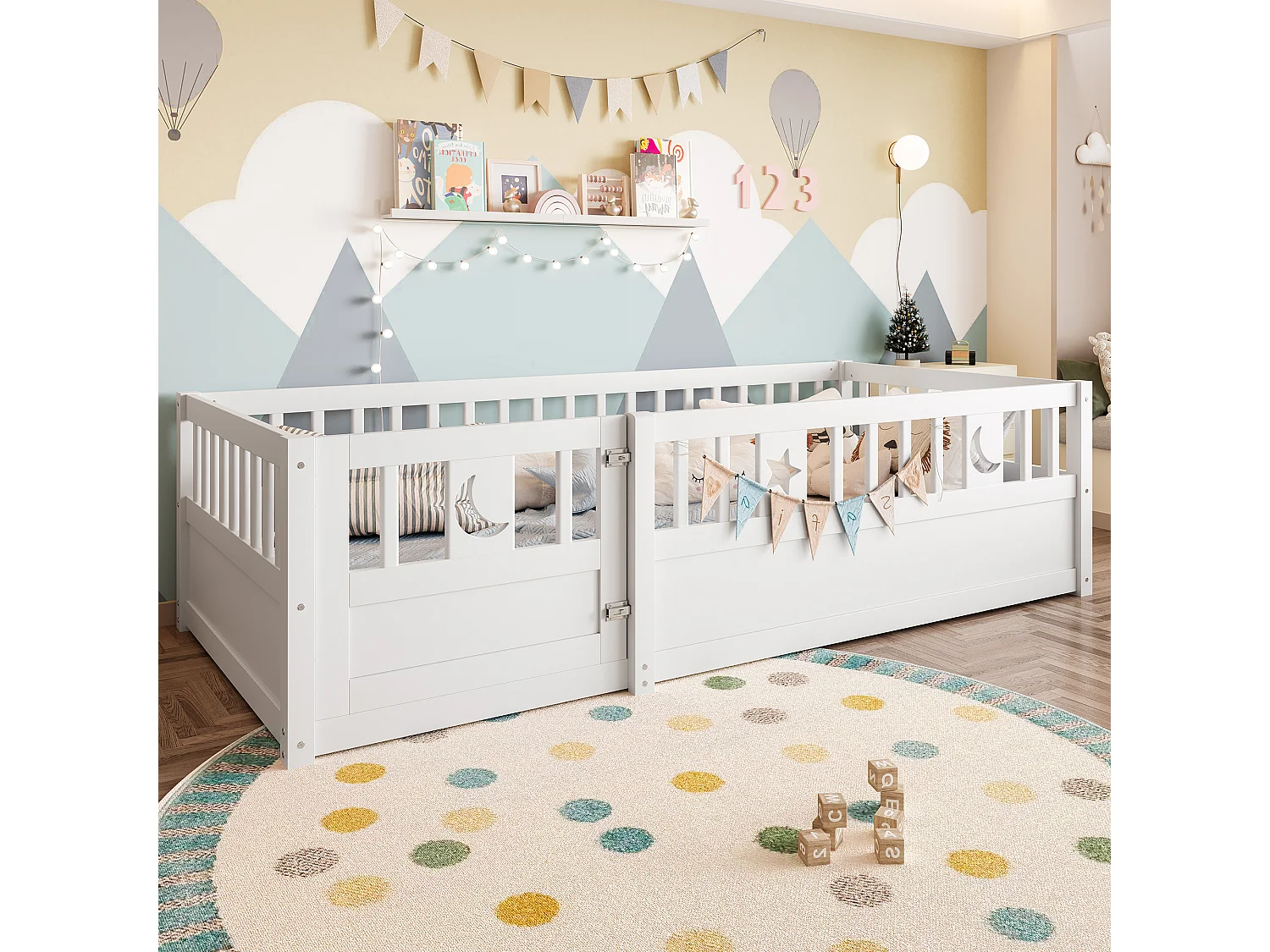 Lit enfant 90 x 190 cm - Lit simple avec barrières de sécurité et porte - blanc - matelas non inclus