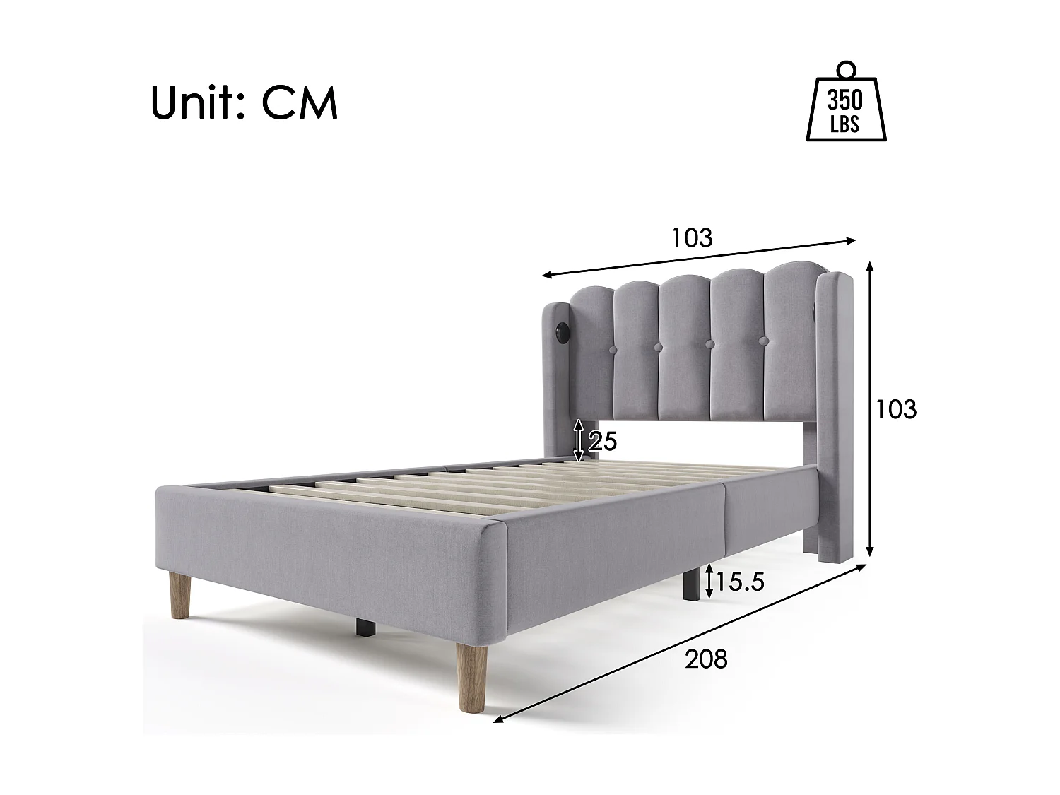 Cama infantil de 90 x 200 cm - con cabecero, puerto USB/Tipo C y somier - lino - gris - colchón incluido