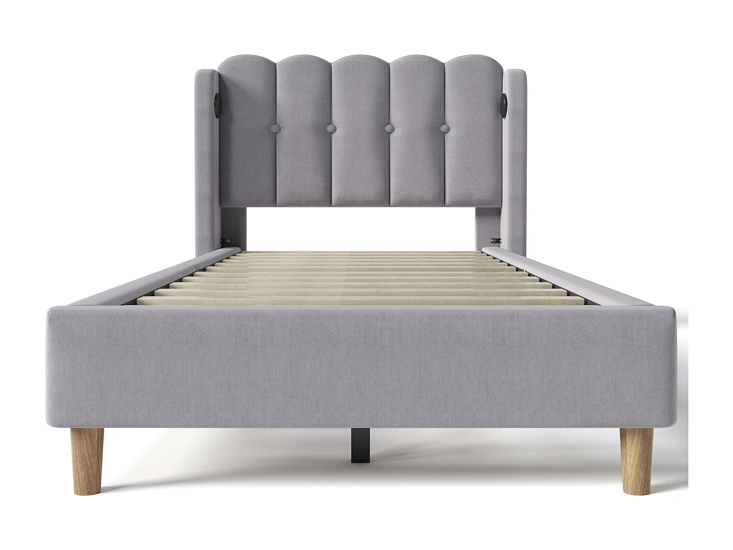 Cama infantil de 90 x 200 cm - con cabecero, puerto USB/Tipo C y somier - lino - gris - colchón incluido