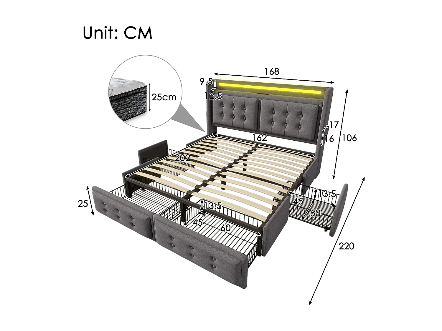 Lit adulte 160x200 - avec tête de lit, LED, 4 tiroirs, USB, Type-C, sommier à lattes - en tissu - gris - matelas inclus