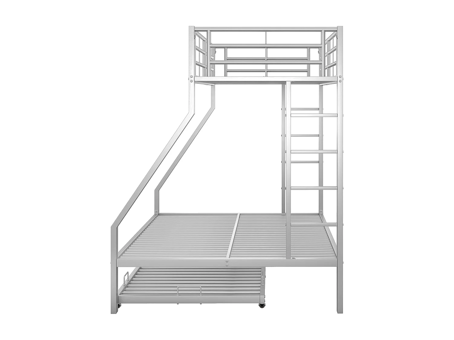 Litera de 90(140)x200 cm - con somier abatible de láminas y doble escalera - estructura metálica plateada - colchón no incluido