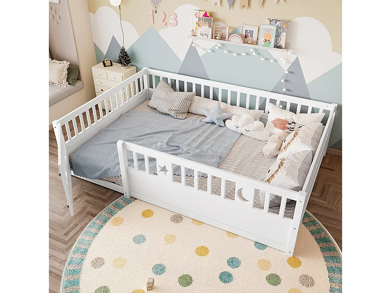 Lit enfant 140 x 190 cm - Lit adulte avec barrières de sécurité et porte - blanc - matelas non inclus