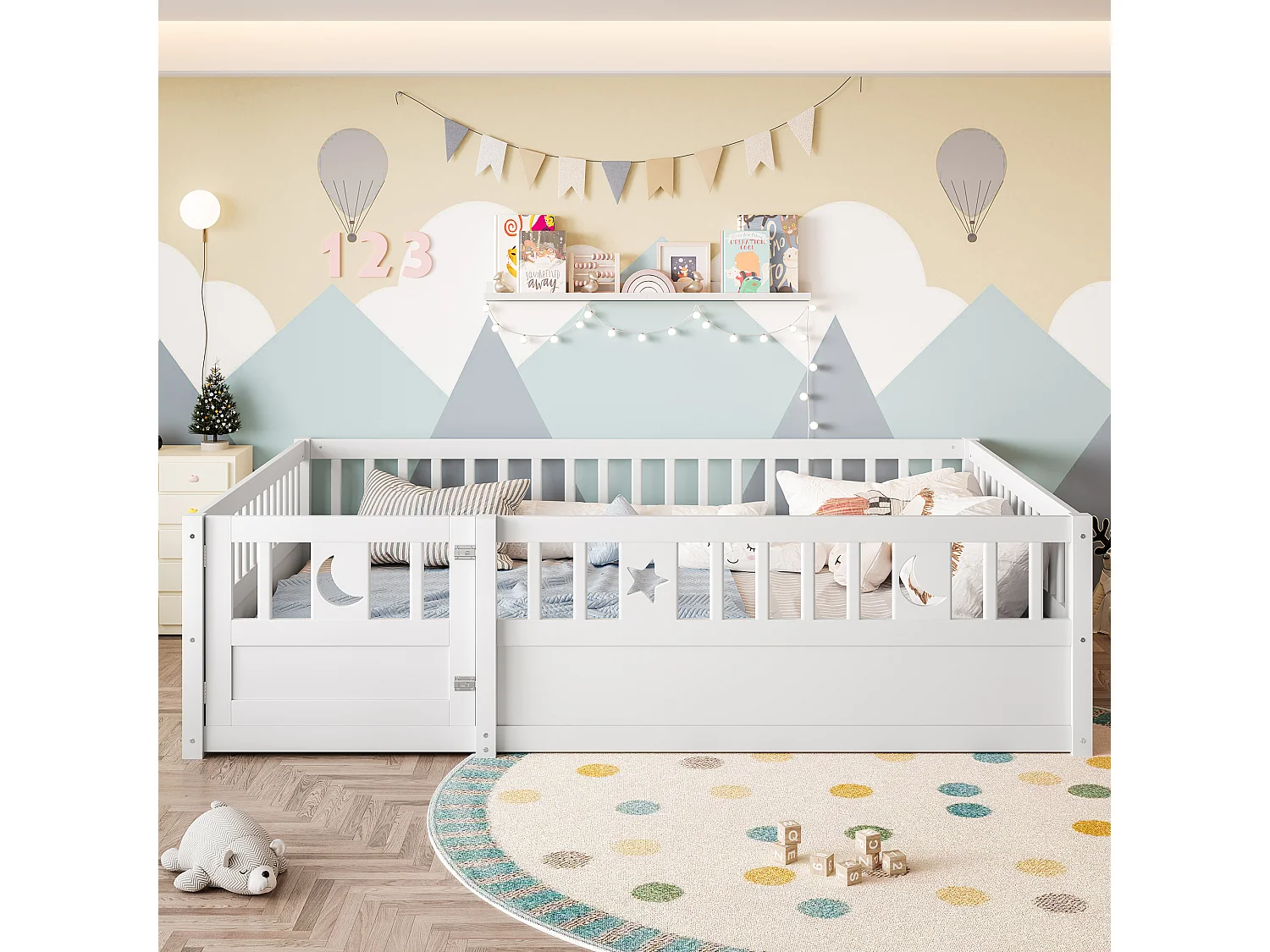 Lit enfant 140 x 190 cm - Lit adulte avec barrières de sécurité et porte - blanc - matelas non inclus