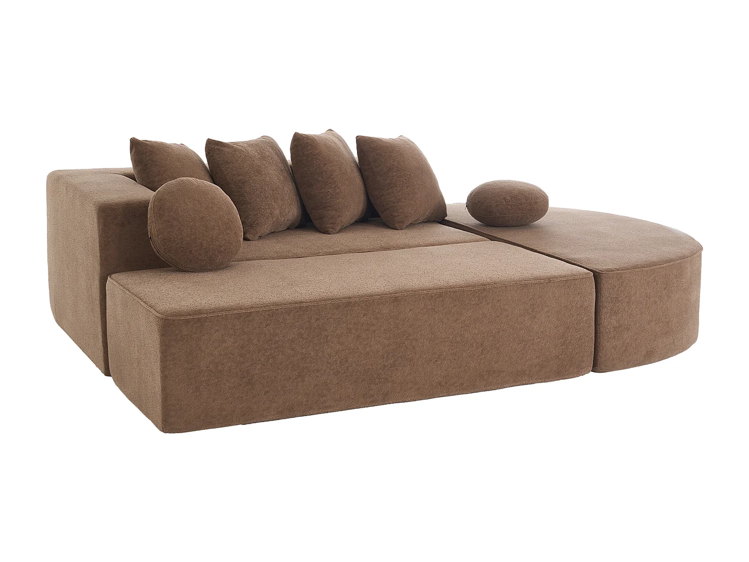 Sofá de 5 plazas – Sofá segmentado con 6 cojines y reposabrazos – chenilla marrón