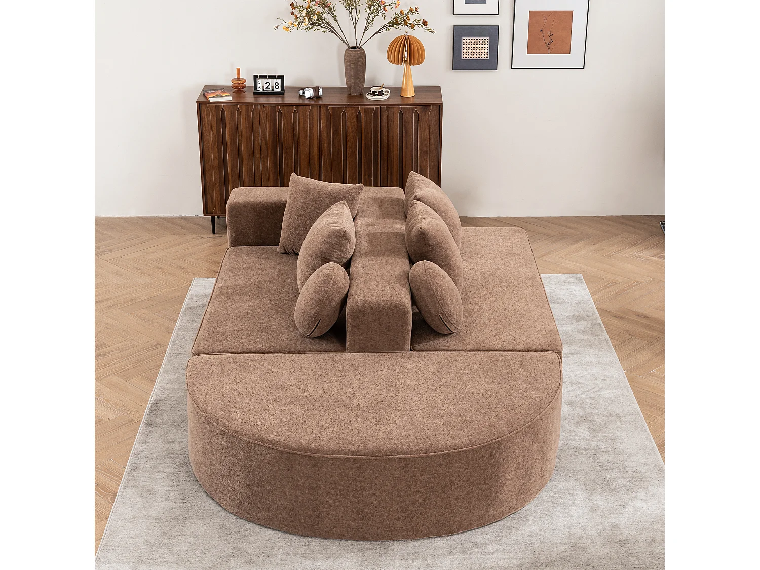 Canapé 5 places – Canapé segmenté avec 6 coussins et accoudoirs – chenille marron