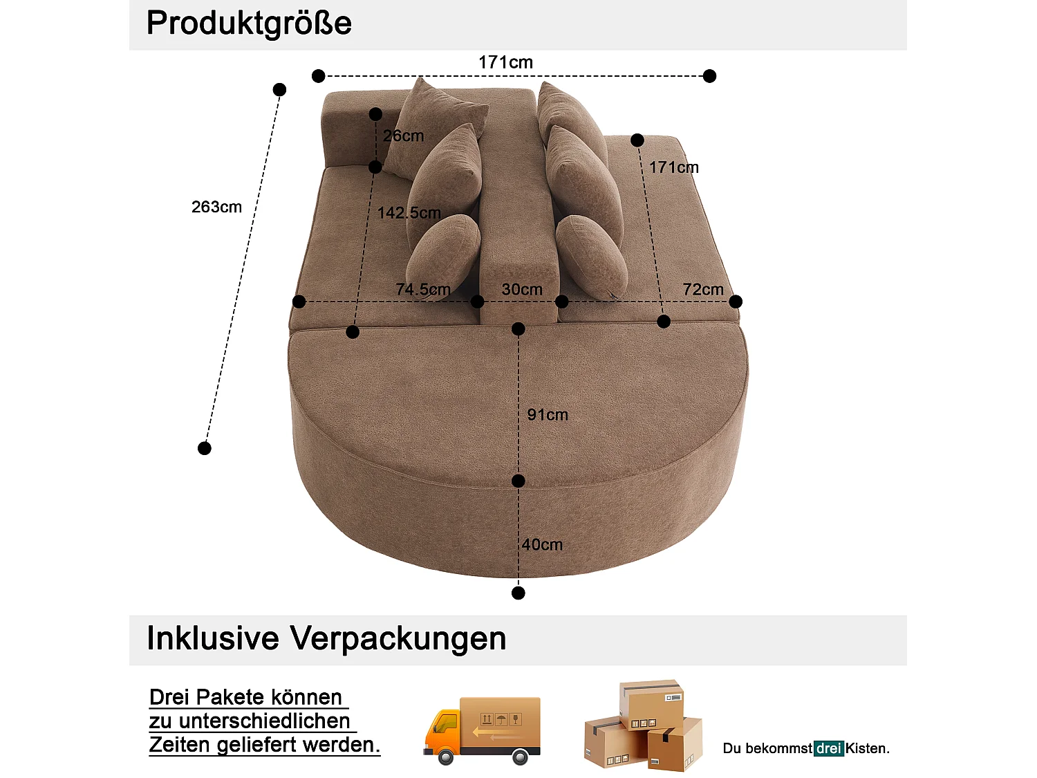 Canapé 5 places – Canapé segmenté avec 6 coussins et accoudoirs – chenille marron