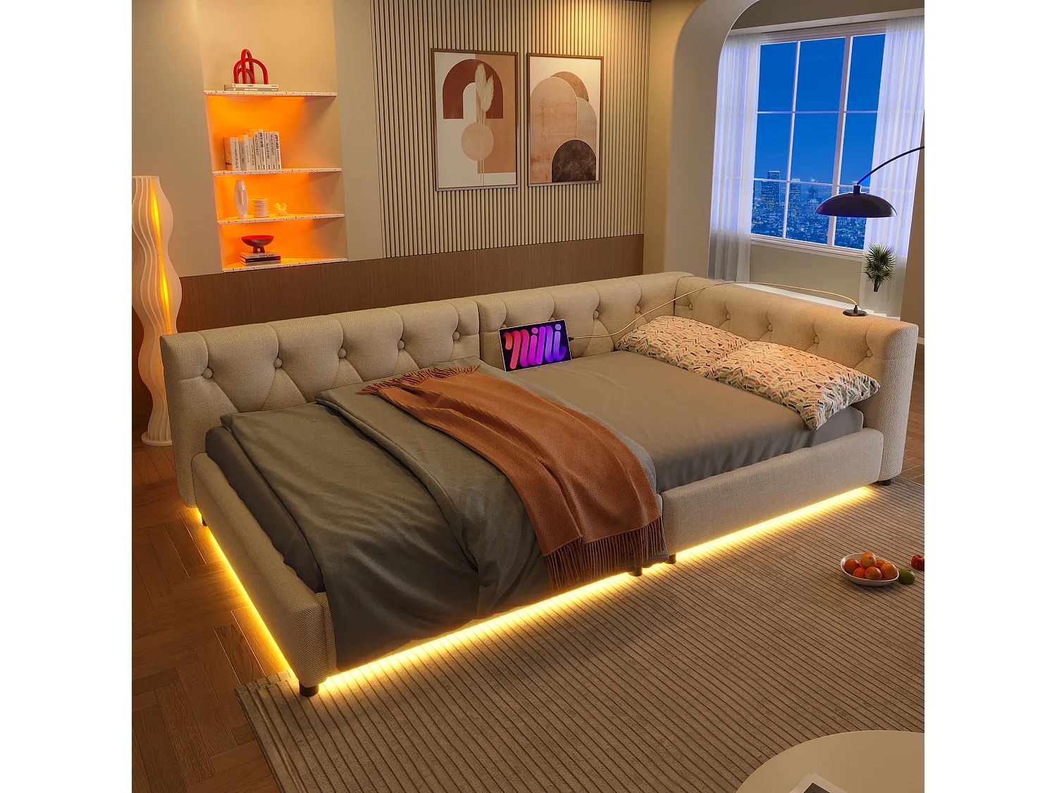 Daybed 90 x 200 cm - Eenpersoonsbed met LED-verlichting en USB- en Type-C-interfaces - beige linnen - matras niet inbegrepen