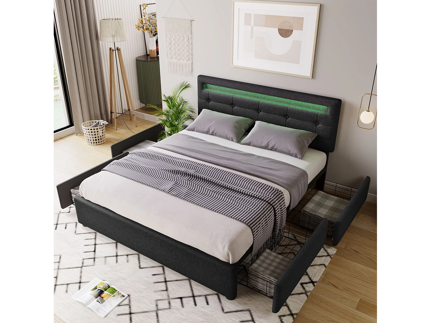 Cama de adulto 140x200 cm - Cama doble con 2 cajones y luz LED - Ropa de cama negra - Colchón incluido