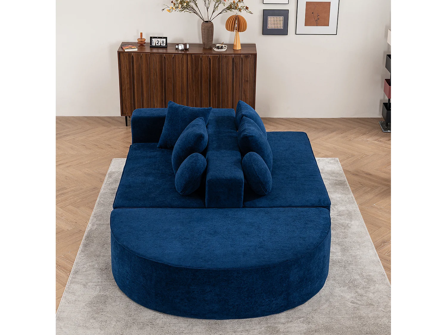 Sofá de 5 plazas – Sofá segmentado con 6 cojines y reposabrazos – chenilla azul