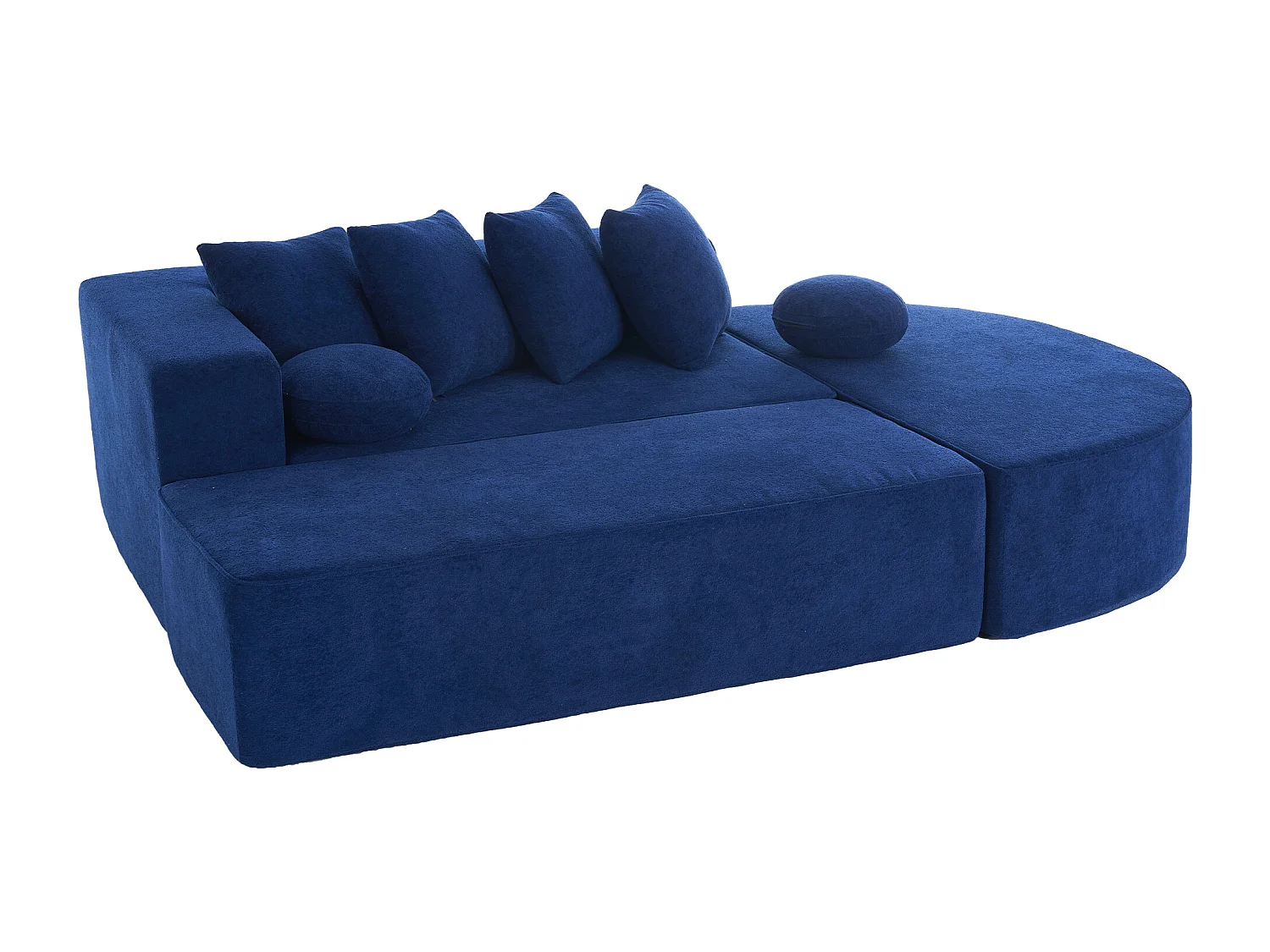 Sofá de 5 plazas – Sofá segmentado con 6 cojines y reposabrazos – chenilla azul