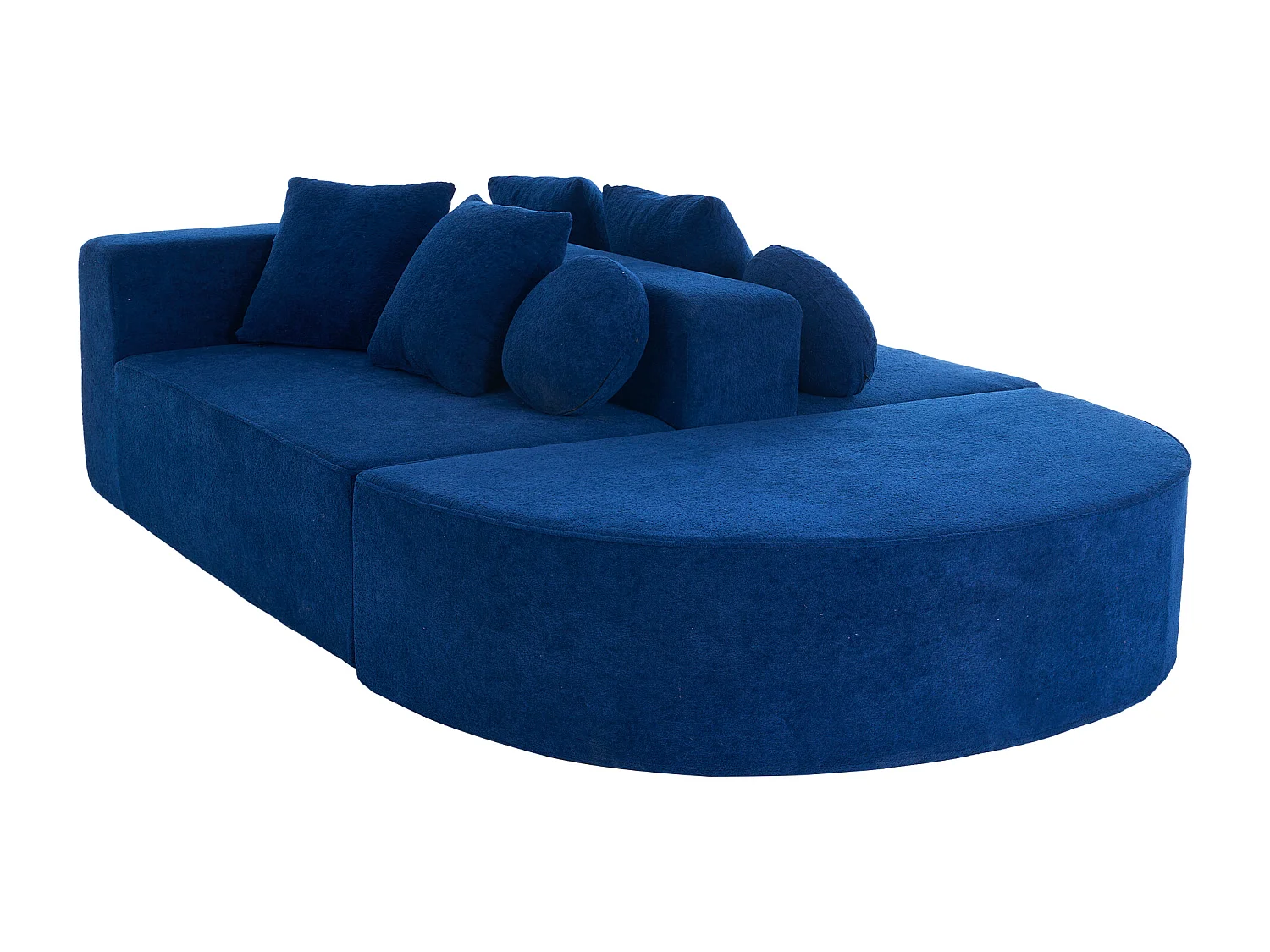 Sofá de 5 plazas – Sofá segmentado con 6 cojines y reposabrazos – chenilla azul