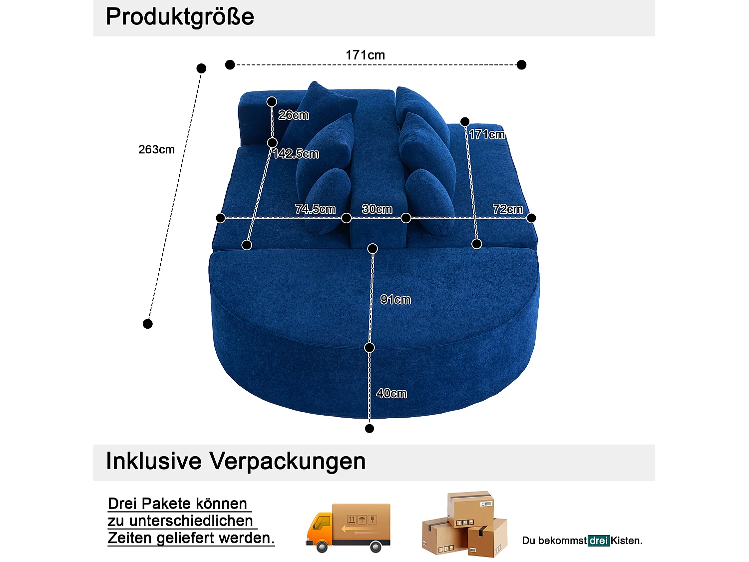 Canapé 5 places – Canapé segmenté avec 6 coussins et accoudoirs – chenille bleue