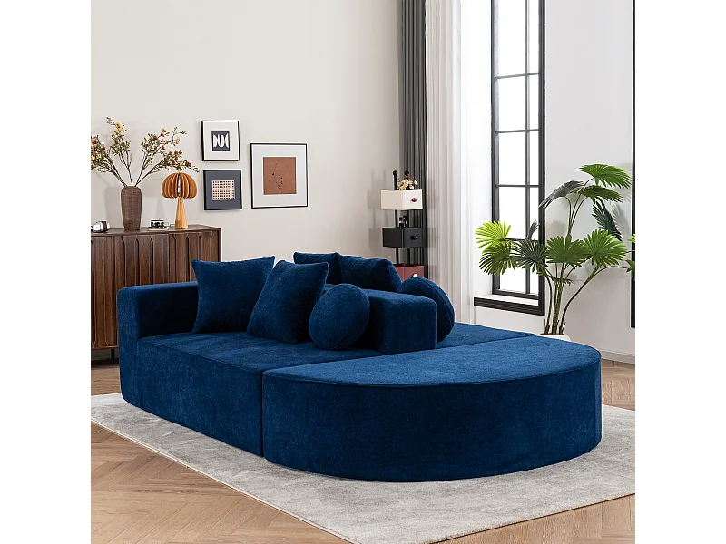 Sofa 5-osobowa – sofa segmentowa z 6 poduszkami i podłokietnikami – niebieska tkanina szenilowa