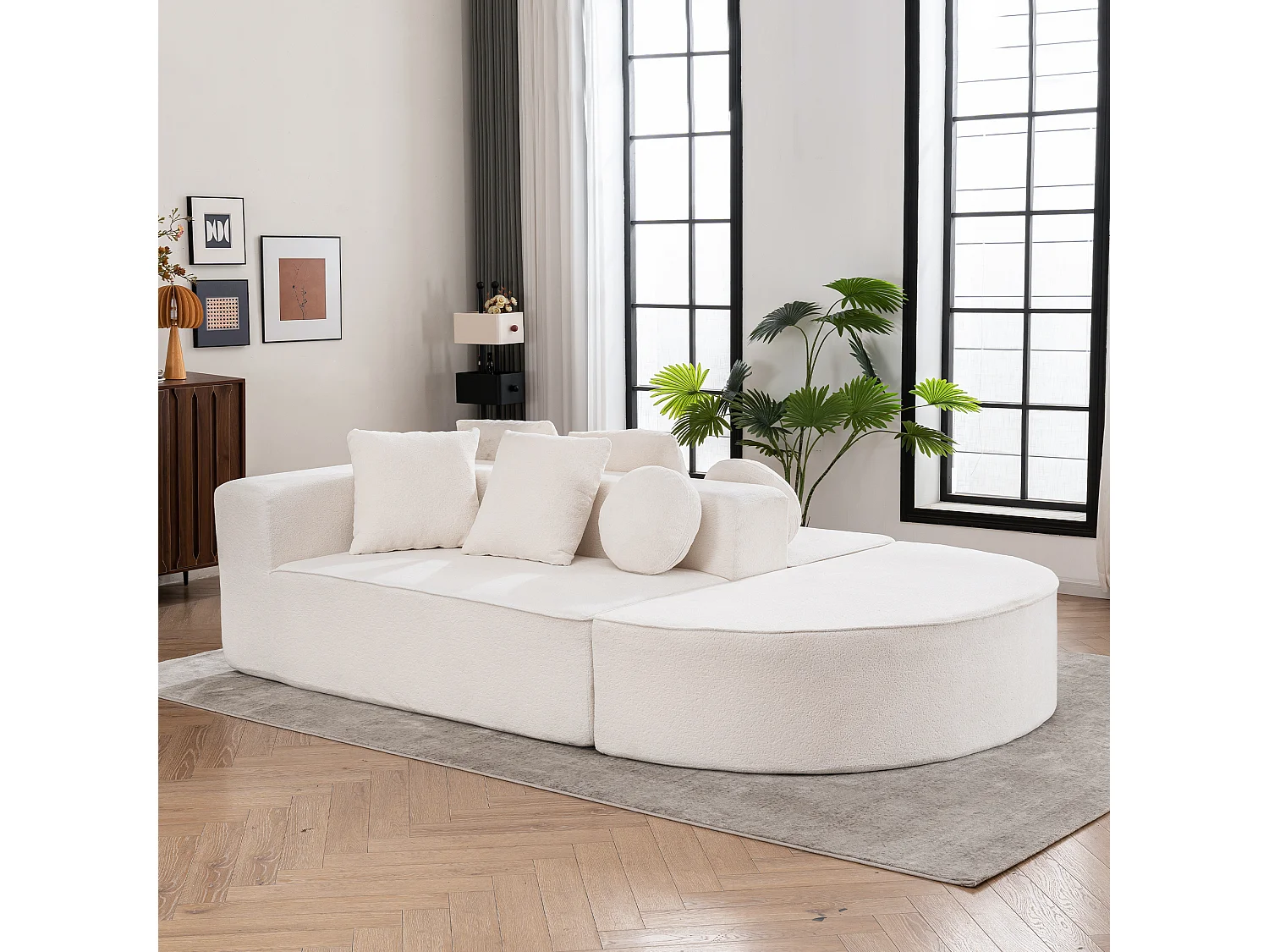 Canapé 5 places – Canapé segmenté avec 6 coussins et accoudoirs – chenille blanc