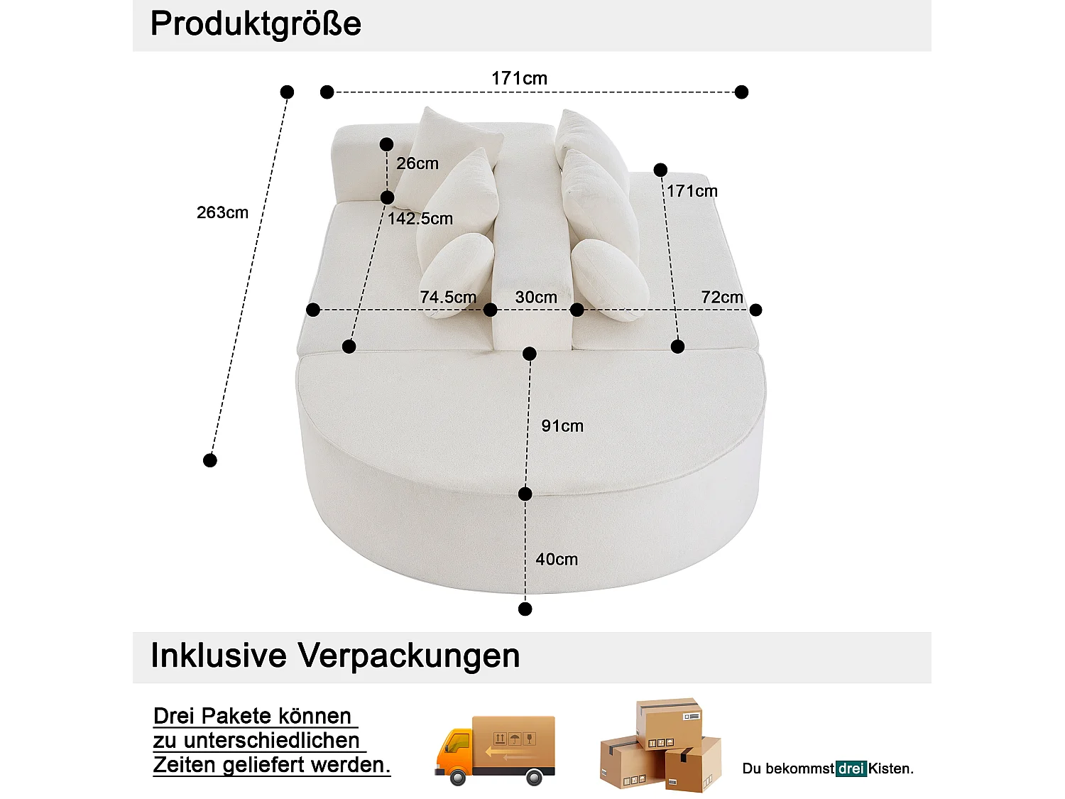Canapé 5 places – Canapé segmenté avec 6 coussins et accoudoirs – chenille blanc