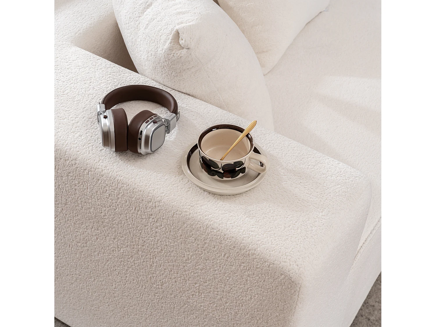 Canapé 5 places – Canapé segmenté avec 6 coussins et accoudoirs – chenille blanc