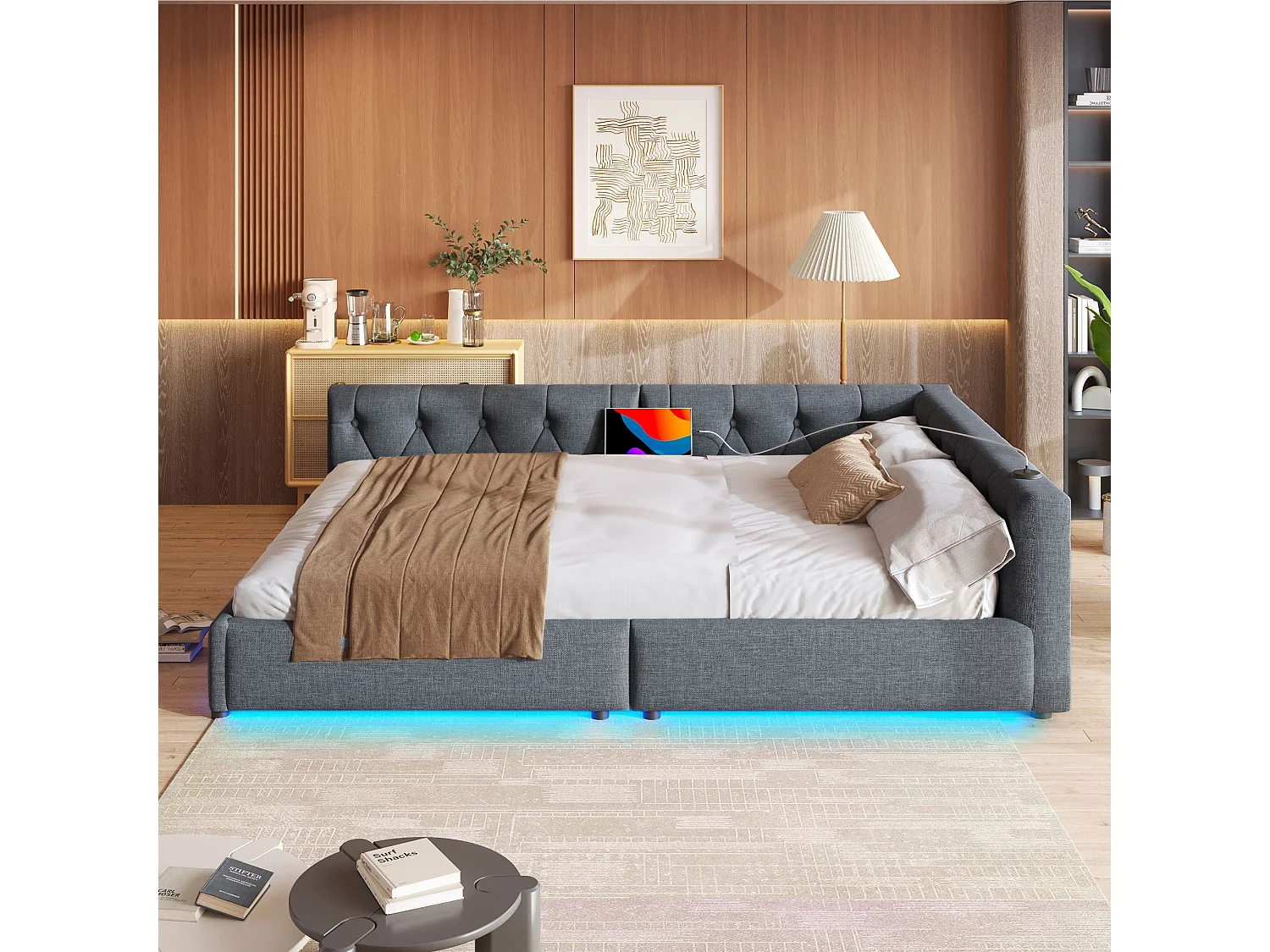 Sofá cama de 140 x 200 cm - Cama doble con iluminación LED e interfaces USB y Tipo C - ropa de cama gris - colchón no incluido