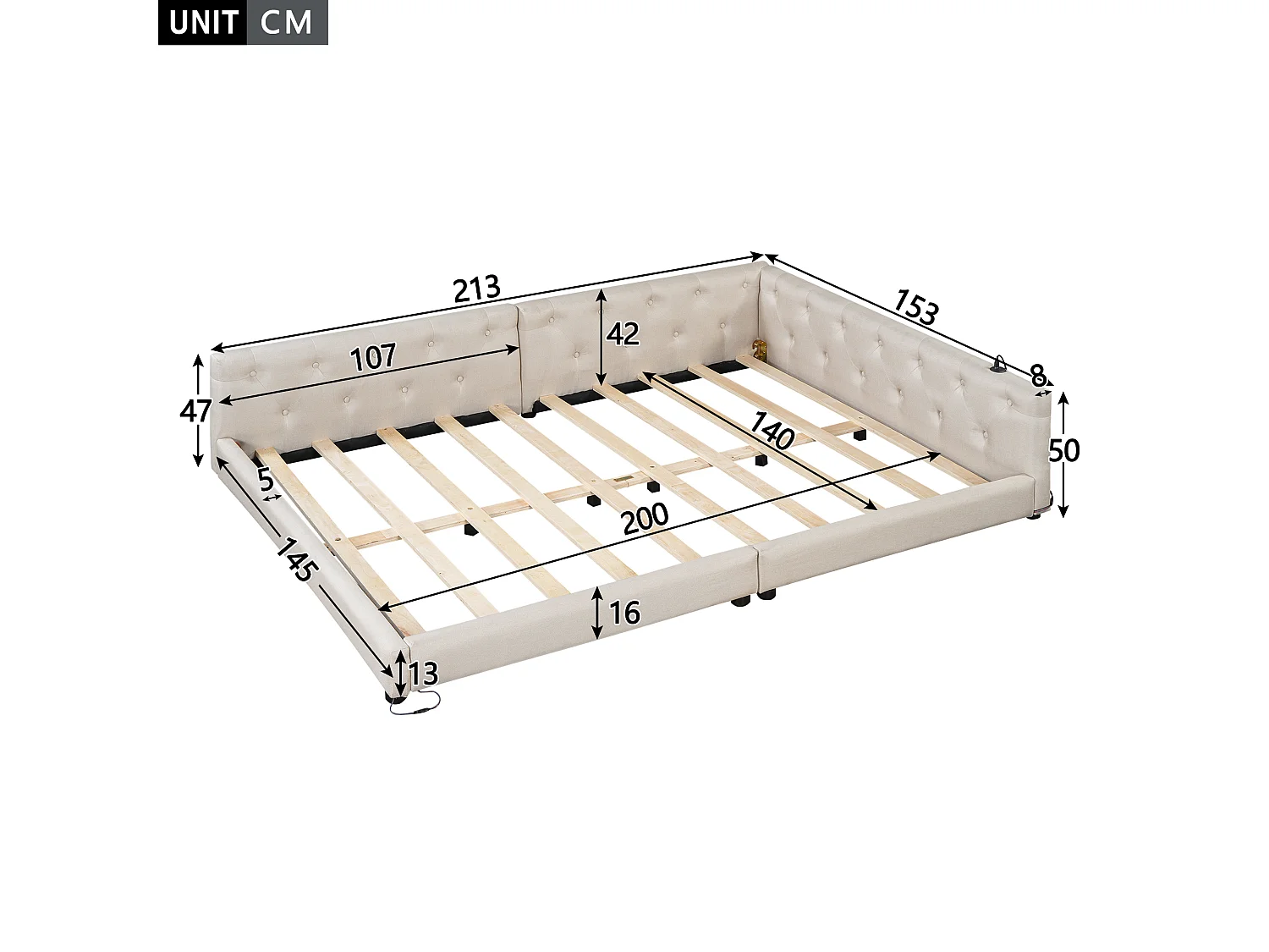 Sofá cama de 140 x 200 cm - Cama doble con iluminación LED e interfaces USB y Tipo C - Ropa de cama color beige - Colchón no incluido
