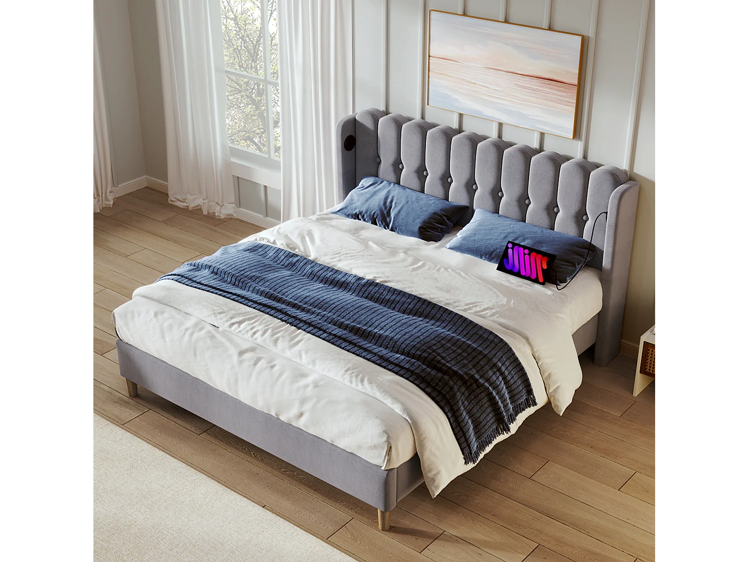 Cama para adulto de 140 x 200 cm - con cabecero, puerto USB y puerto Tipo C y somier - lino - gris - colchón incluido