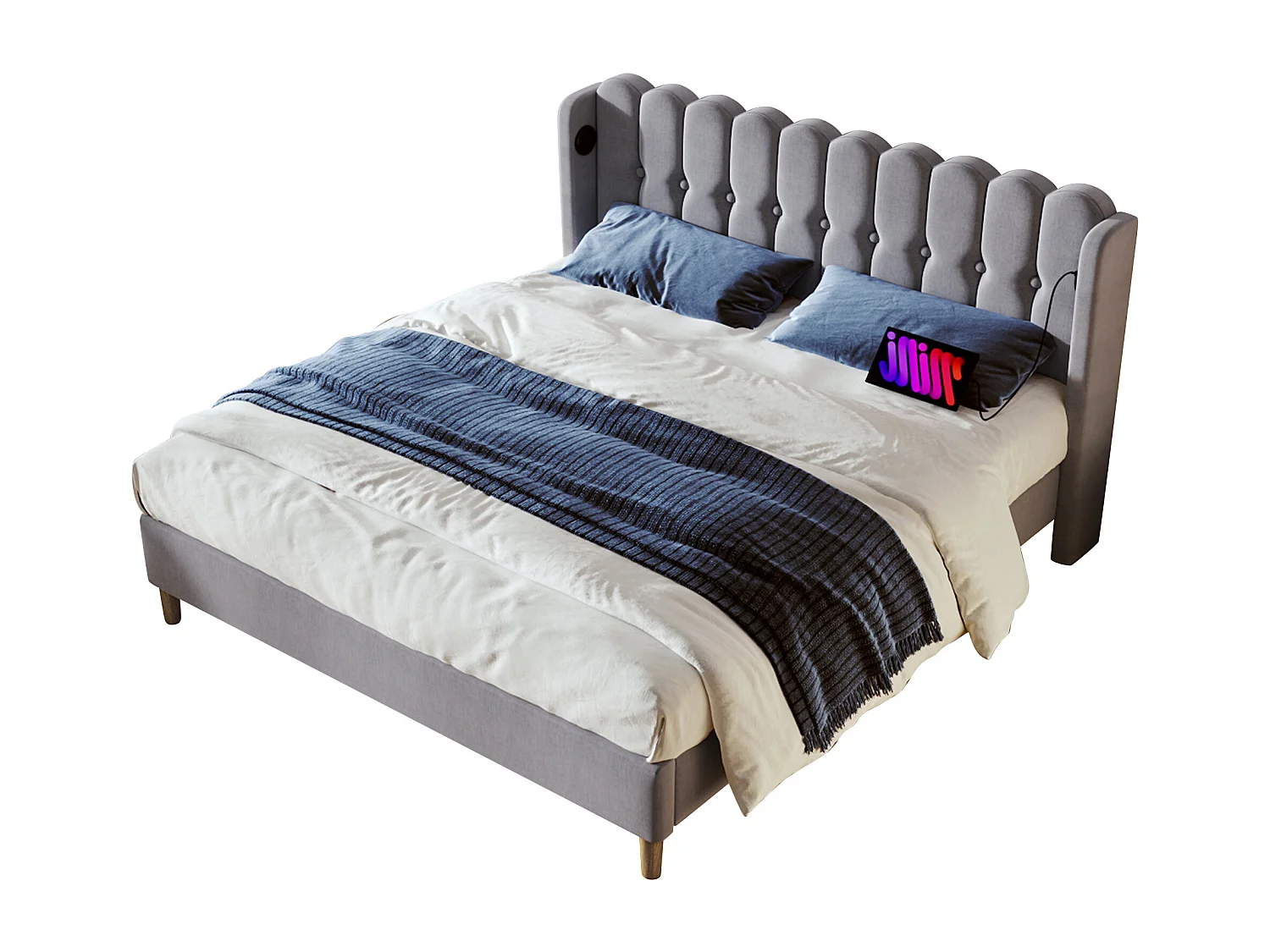 Cama para adulto de 140 x 200 cm - con cabecero, puerto USB y puerto Tipo C y somier - lino - gris - colchón incluido