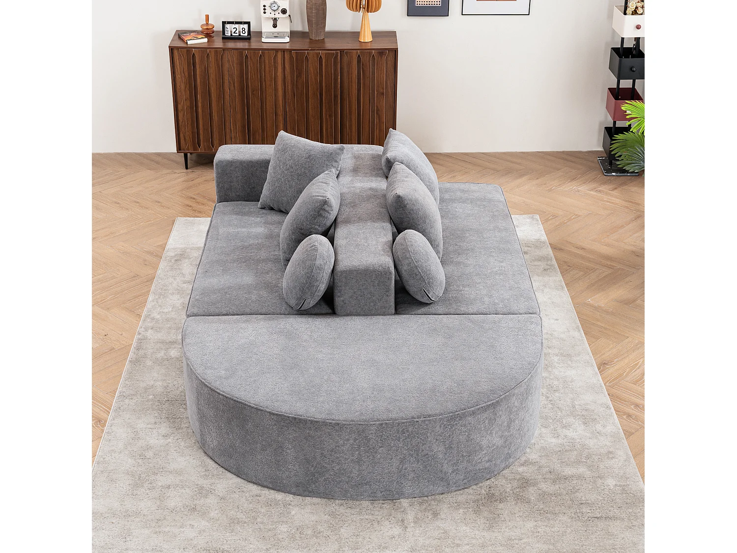 Sofá de 5 plazas – Sofá segmentado con 6 cojines y reposabrazos – chenilla gris