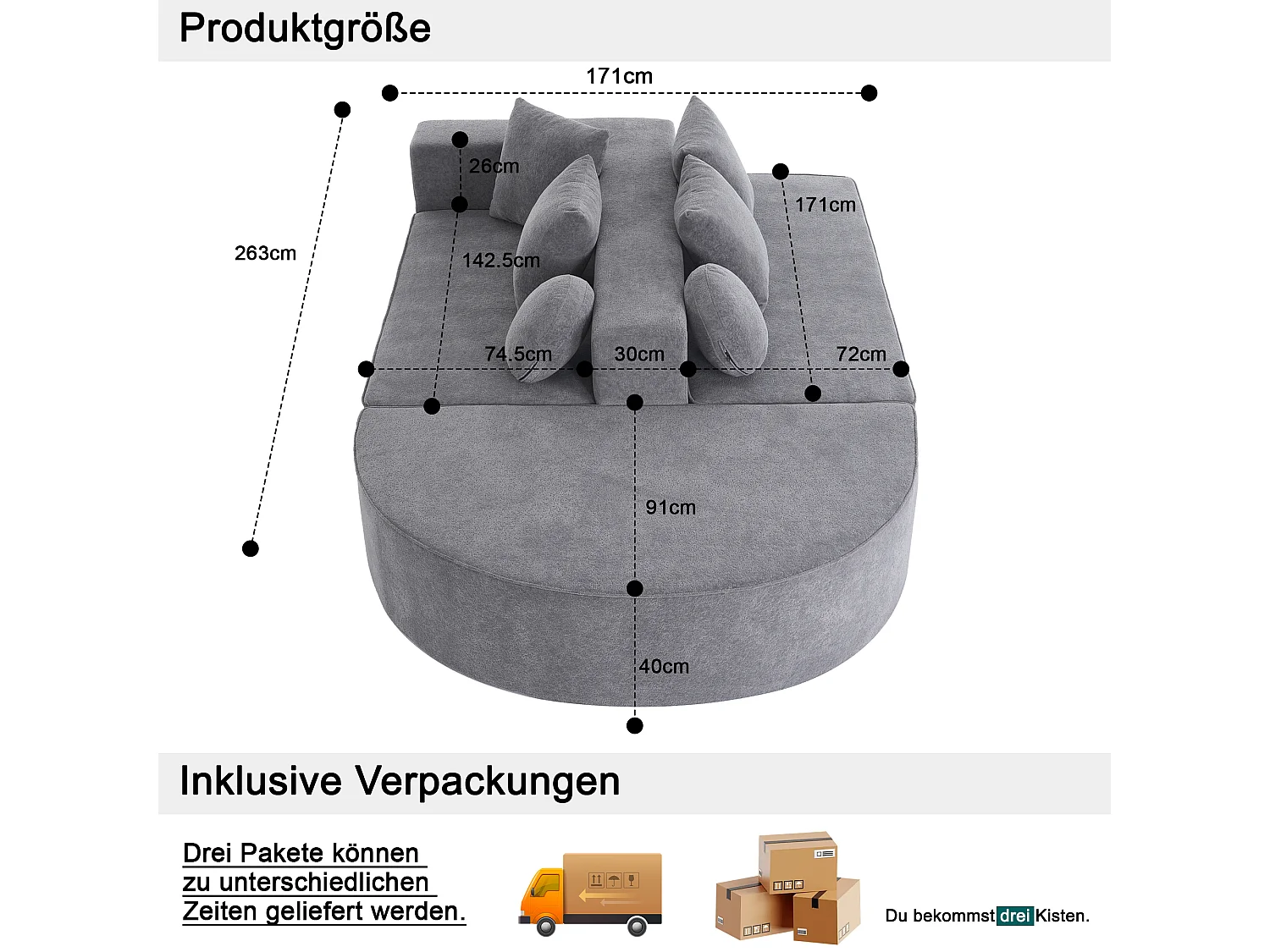 Canapé 5 places – Canapé segmenté avec 6 coussins et accoudoirs – chenille gris