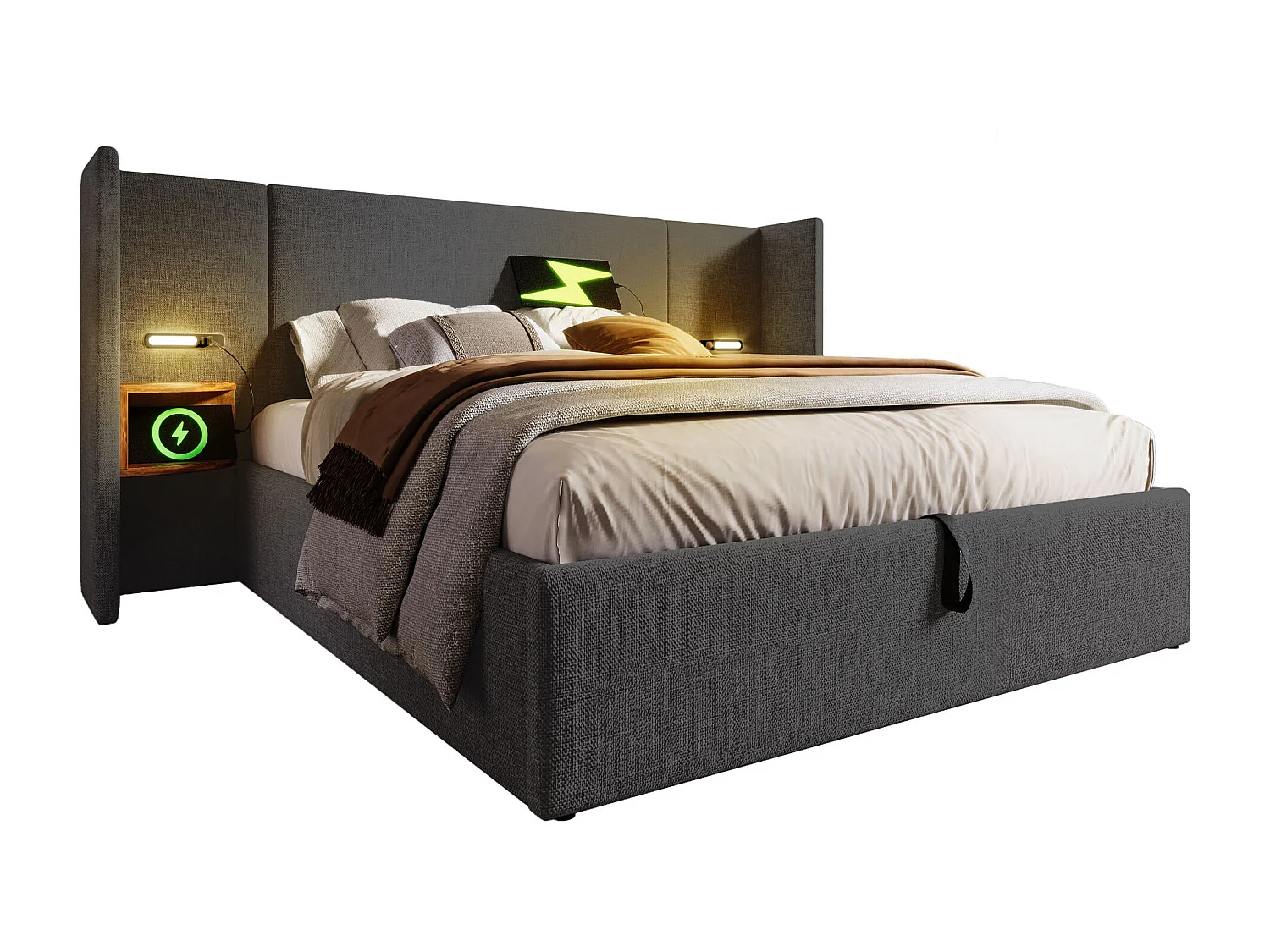 lit coffre 180x200 - avec tête de lit avec rangement, USB, Type-C, sommier à lattes - en lin - gris - sans matelas