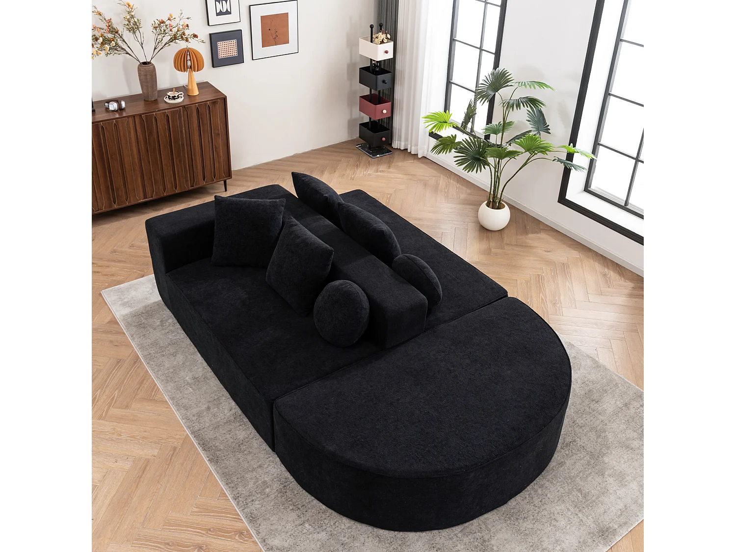 Canapé 5 places – Canapé segmenté avec 6 coussins et accoudoirs – chenille noir