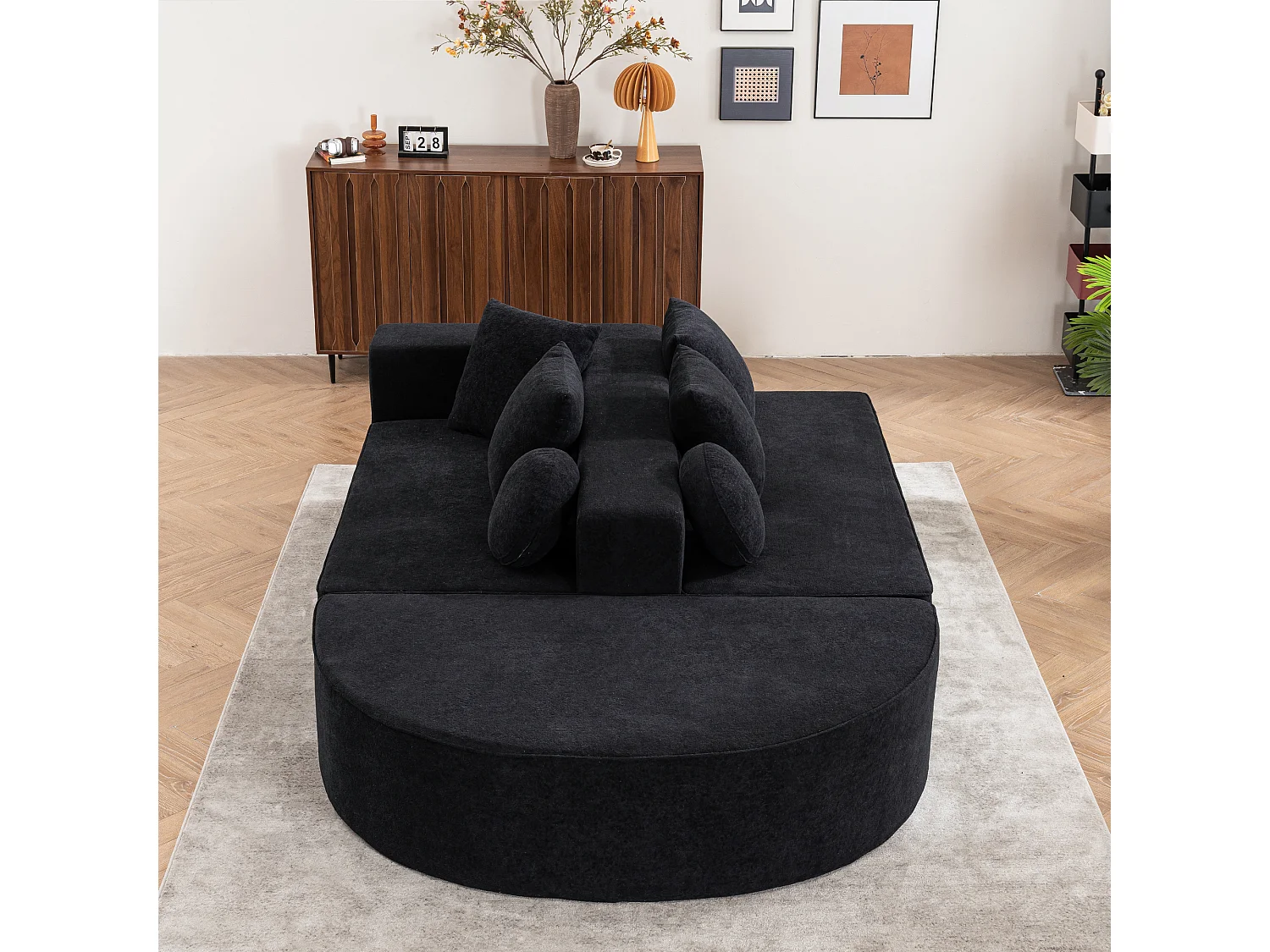 Canapé 5 places – Canapé segmenté avec 6 coussins et accoudoirs – chenille noir