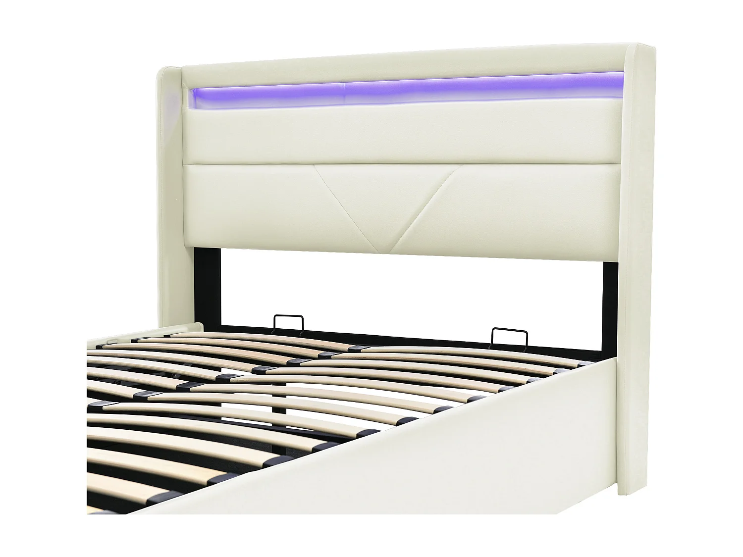 Bett mit Stauraum 140 x 200 cm – Erwachsenenbett mit LED-beleuchtetem Kopfteil – weißes Leder – Matratze inklusive
