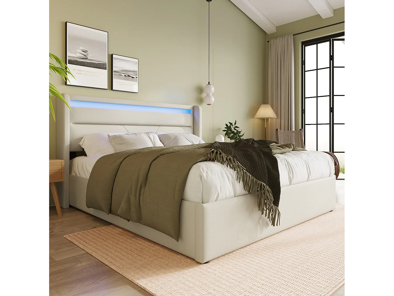 Cama con almacenaje 160x200 cm - Cama para adultos con cabecero iluminado con LED - piel blanca - colchón incluido