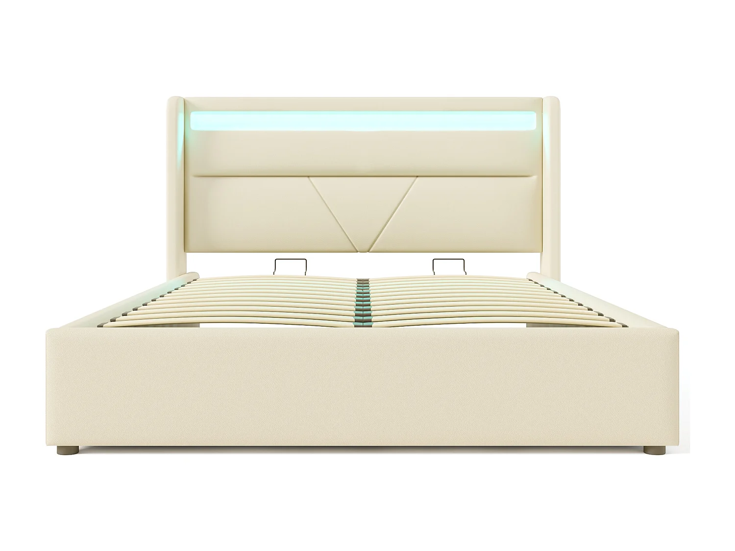 Cama con almacenaje 160x200 cm - Cama para adultos con cabecero iluminado con LED - piel blanca - colchón incluido