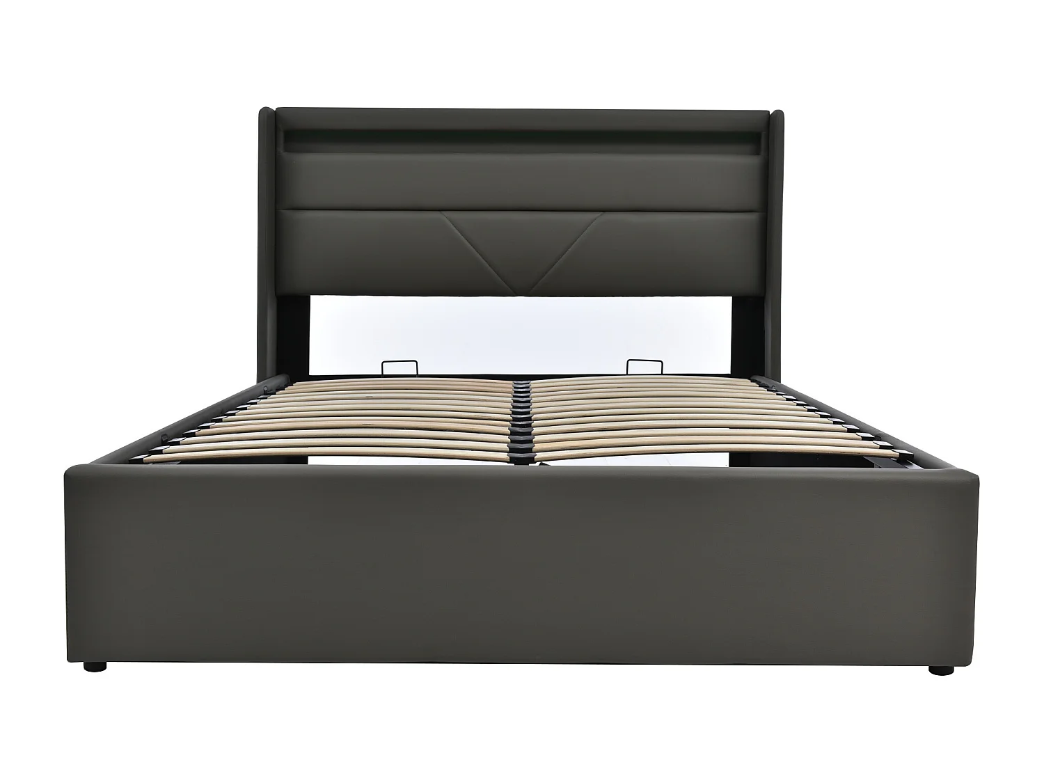 160 x 200 cm Stauraumbett – Erwachsenenbett mit LED-beleuchtetem Kopfteil – graues Leder – Matratze inklusive