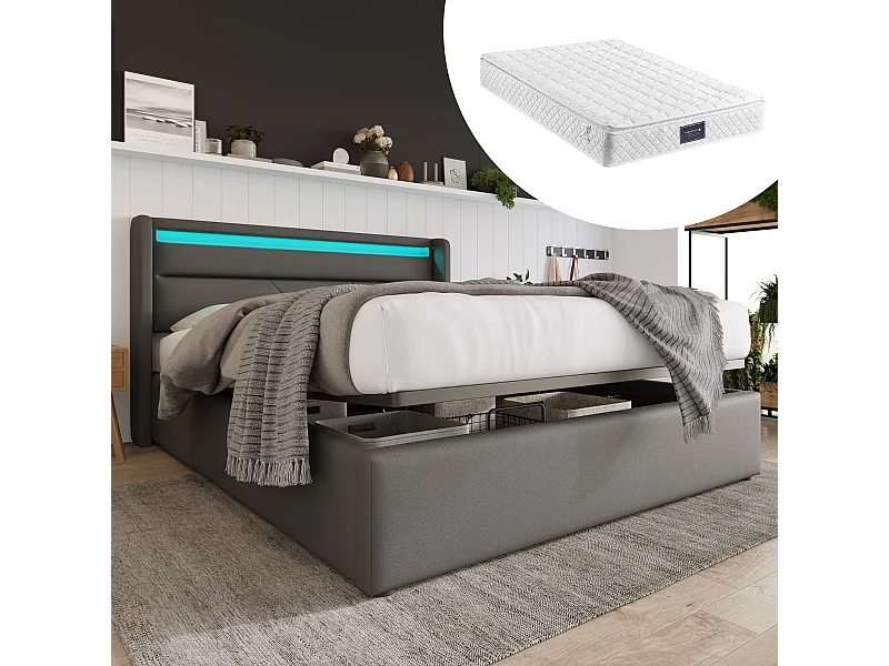 160 x 200 cm Stauraumbett – Erwachsenenbett mit LED-beleuchtetem Kopfteil – graues Leder – Matratze inklusive