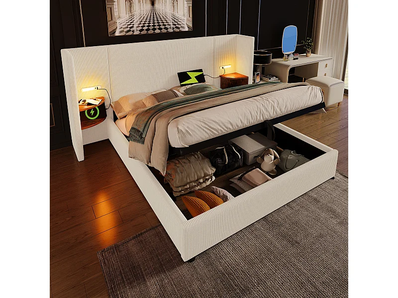 Letto contenitore 180x200 cm - con testiera con contenitore, USB/Type-C, rete a doghe - in lino - beige - senza materasso