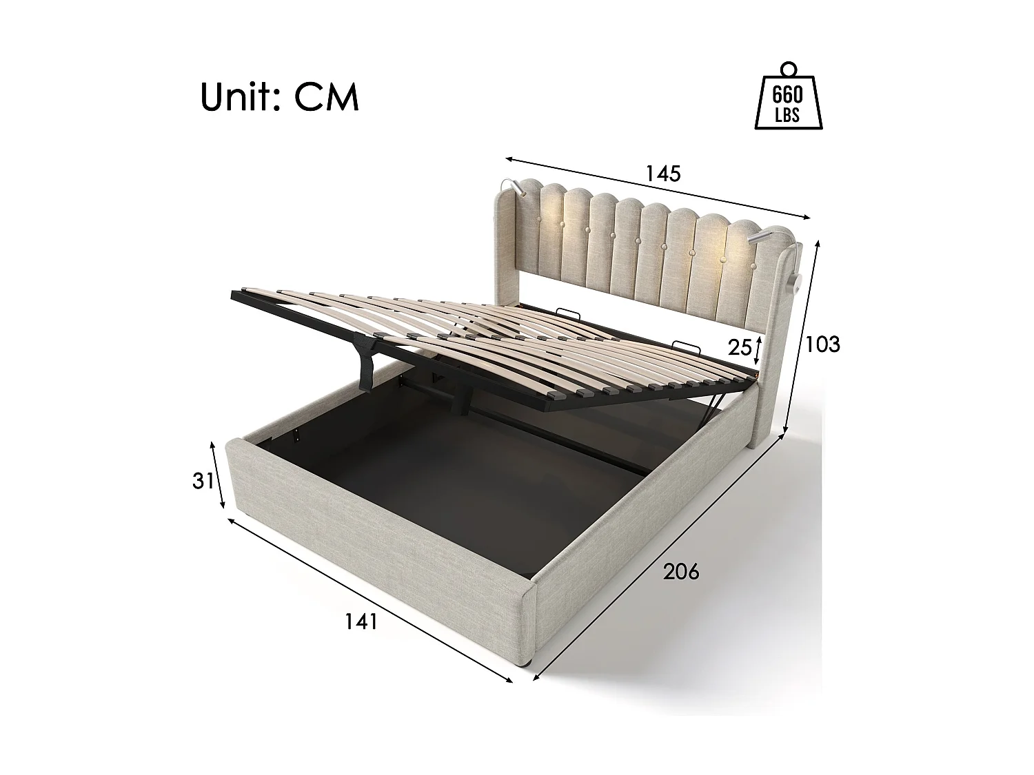 Cama con almacenaje de 160 x 200 cm - Cama doble con luz de lectura recargable - ropa de cama beige - colchón incluido
