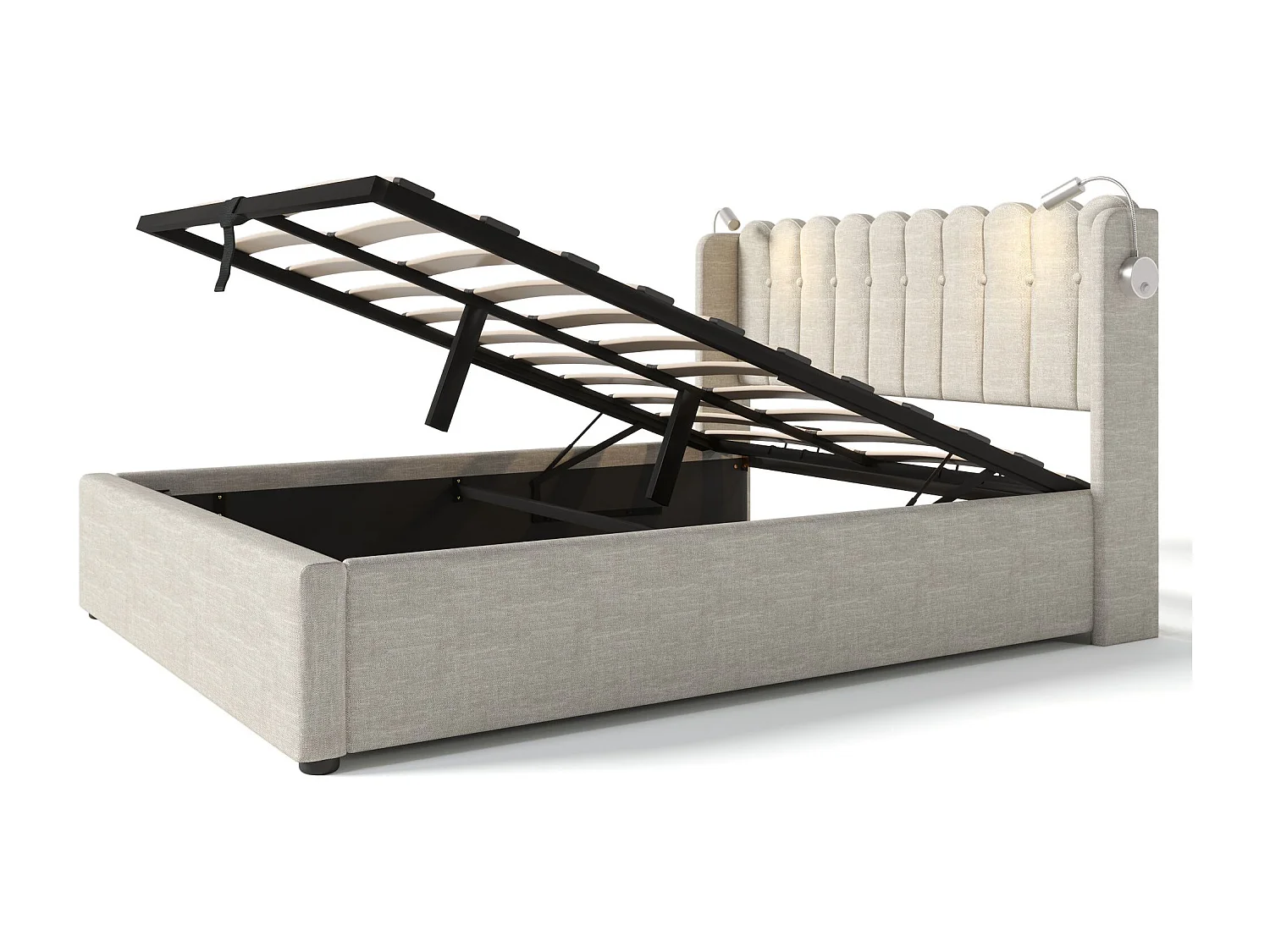 Cama con almacenaje de 160 x 200 cm - Cama doble con luz de lectura recargable - ropa de cama beige - colchón incluido