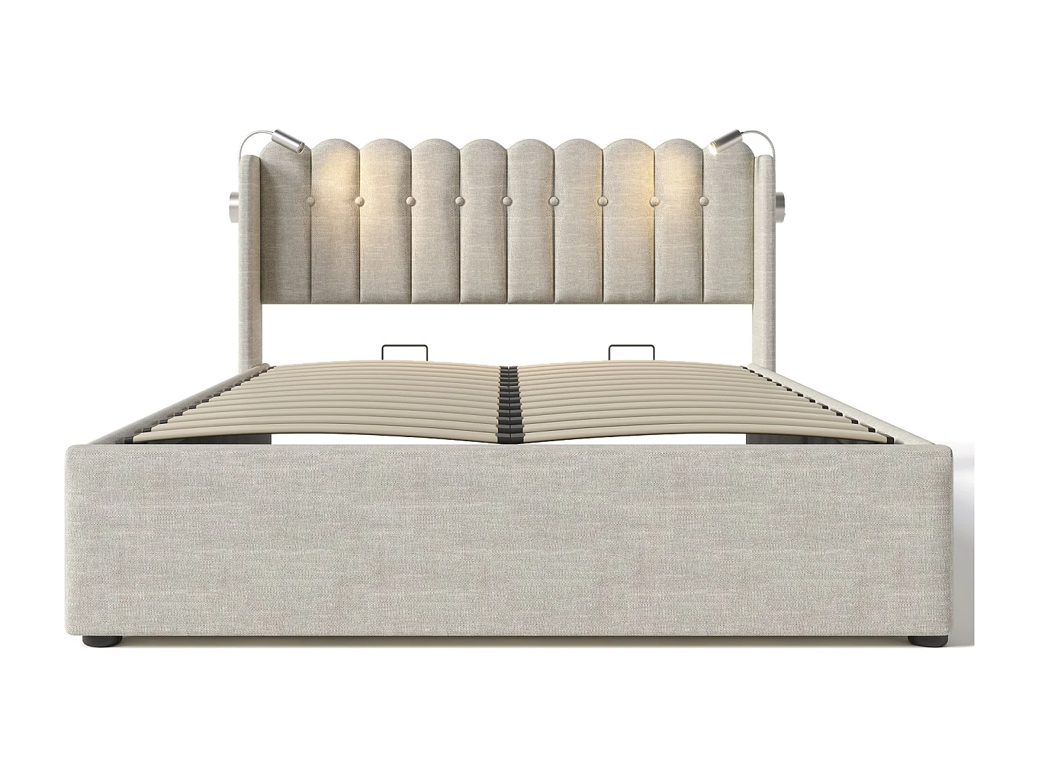 Cama con almacenaje de 160 x 200 cm - Cama doble con luz de lectura recargable - ropa de cama beige - colchón incluido