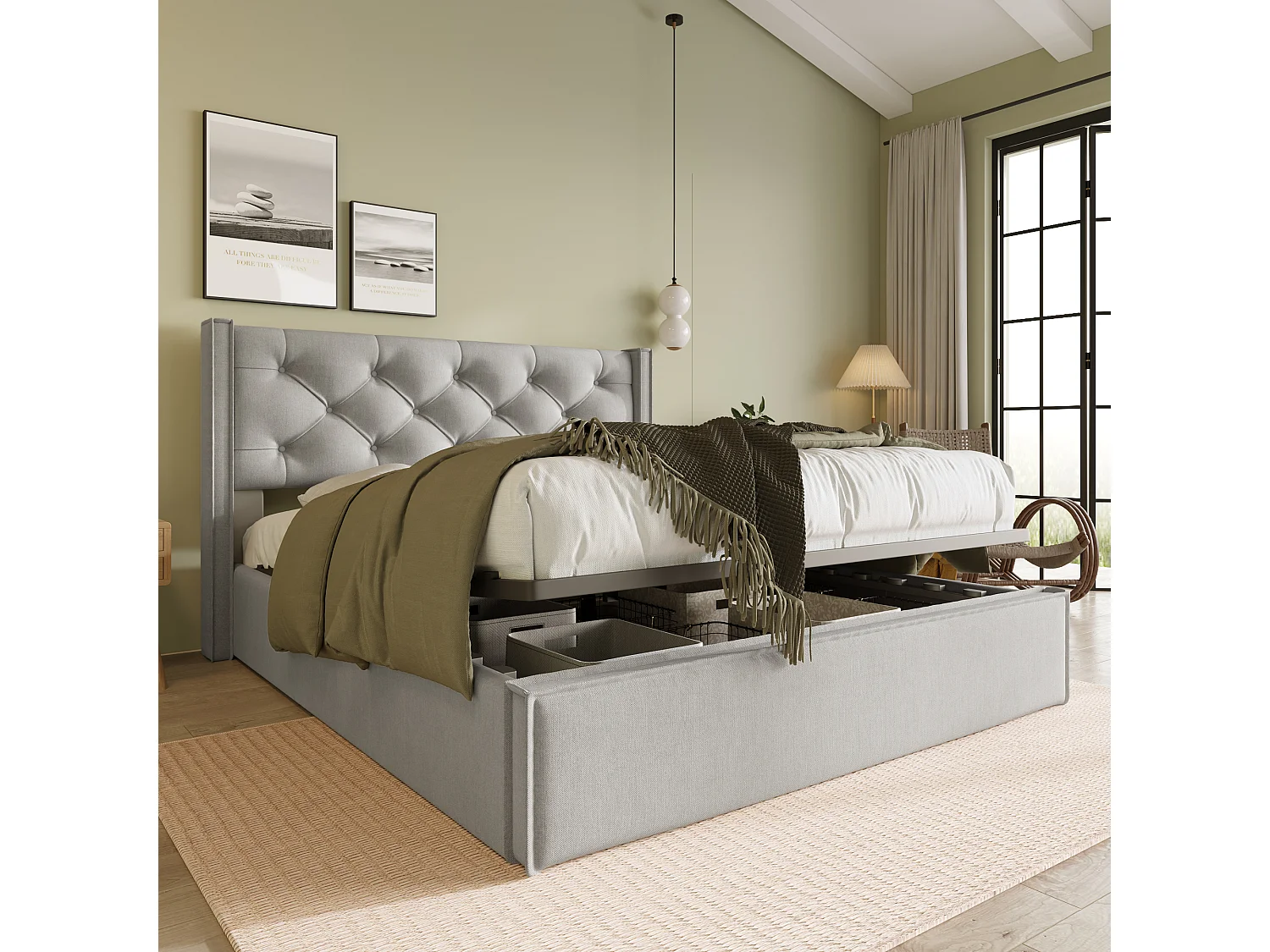 Lit coffre 160x200 cm - Lit adulte avec tête de lit capitonnée - beige coton - matelas inclus