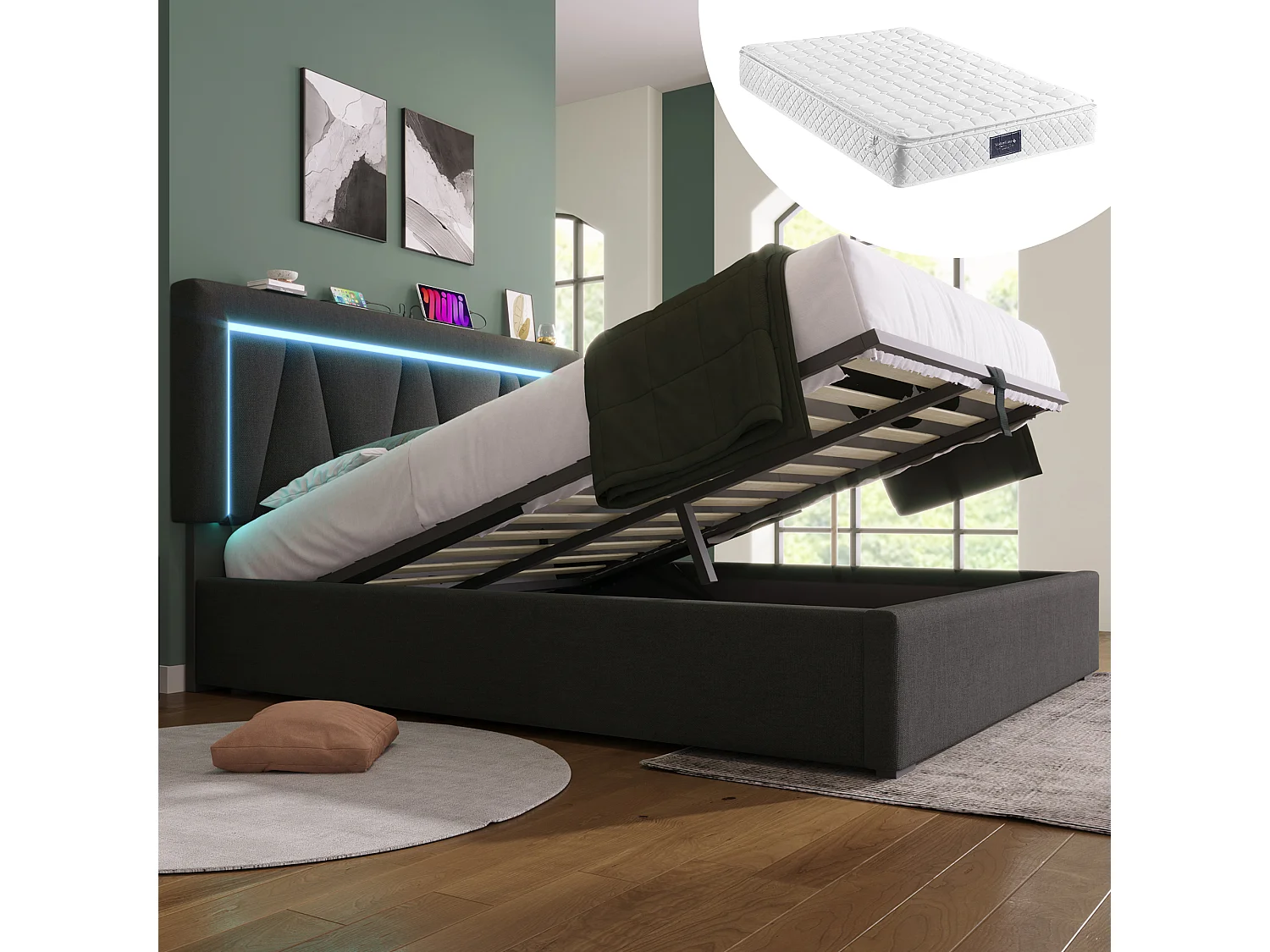 Lit coffre 160x200 - avec tête de lit, USB/Type-C, LED, sommier à lattes - en lin - gris - matelas inclus
