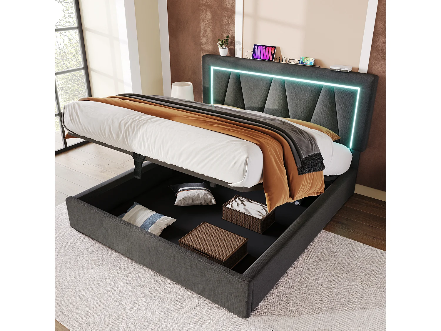 Lit coffre 160x200 - avec tête de lit, USB/Type-C, LED, sommier à lattes - en lin - gris - matelas inclus