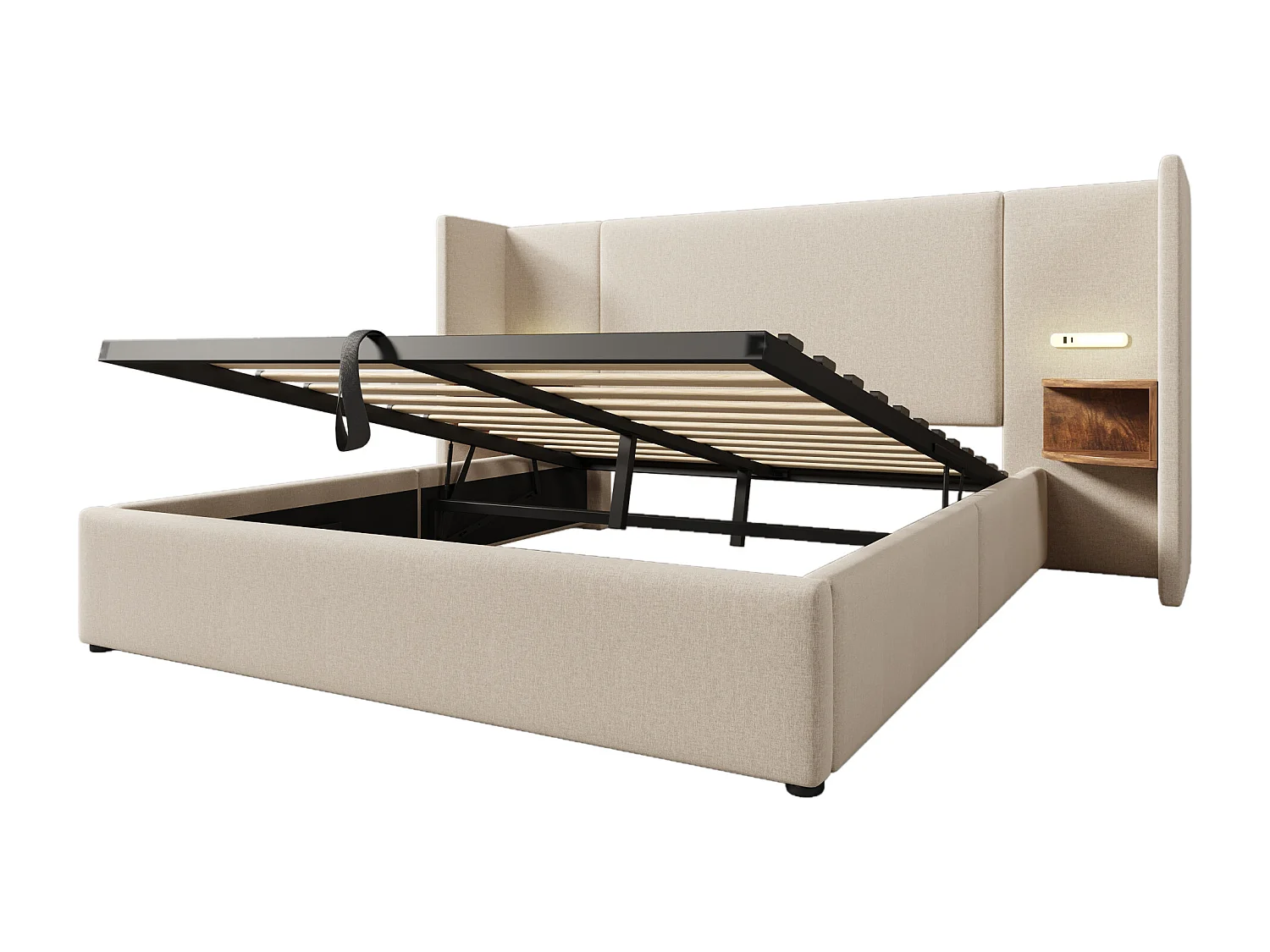 Lit coffre 160x200 - avec tête de lit avec rangement, USB/Type-C, sommier à lattes - en lin - Beige - sans matelas