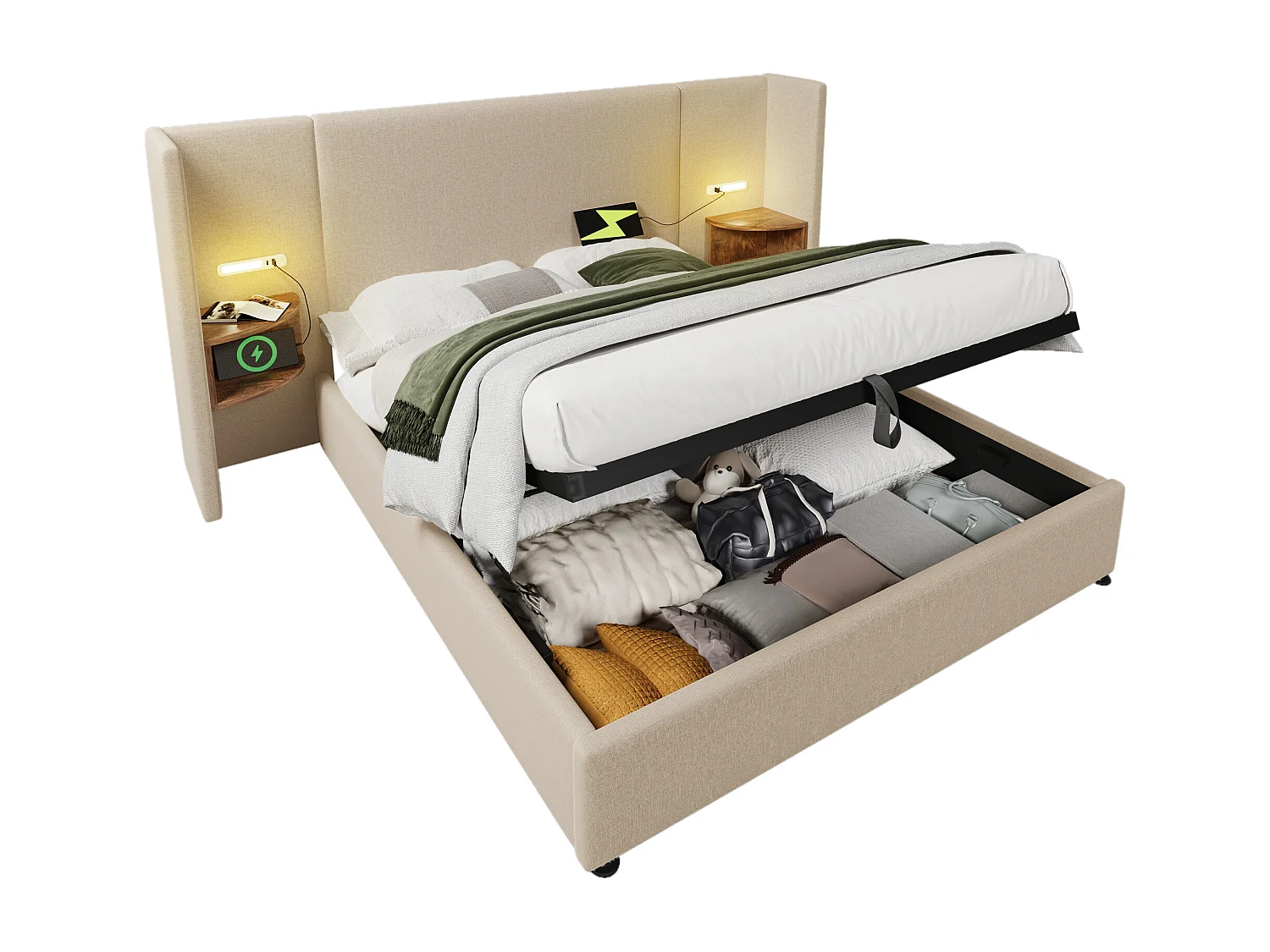 Lit coffre 160x200 - avec tête de lit avec rangement, USB/Type-C, sommier à lattes - en lin - Beige - sans matelas
