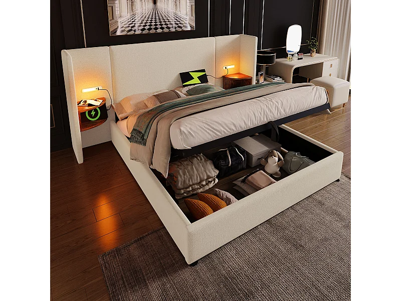 Bed met opbergruimte 160x200 - met hoofdbord met opbergruimte, USB/Type-C, lattenbodem - linnen - beige - zonder matras