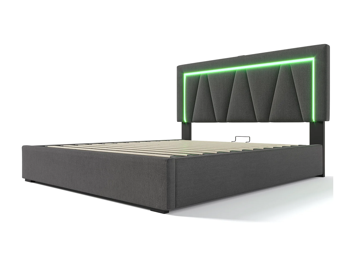 Cama con canapé de 140 x 200 cm - con cabecero ajustable con almacenaje, USB/Tipo C, LED - en lino - gris - colchón incluido