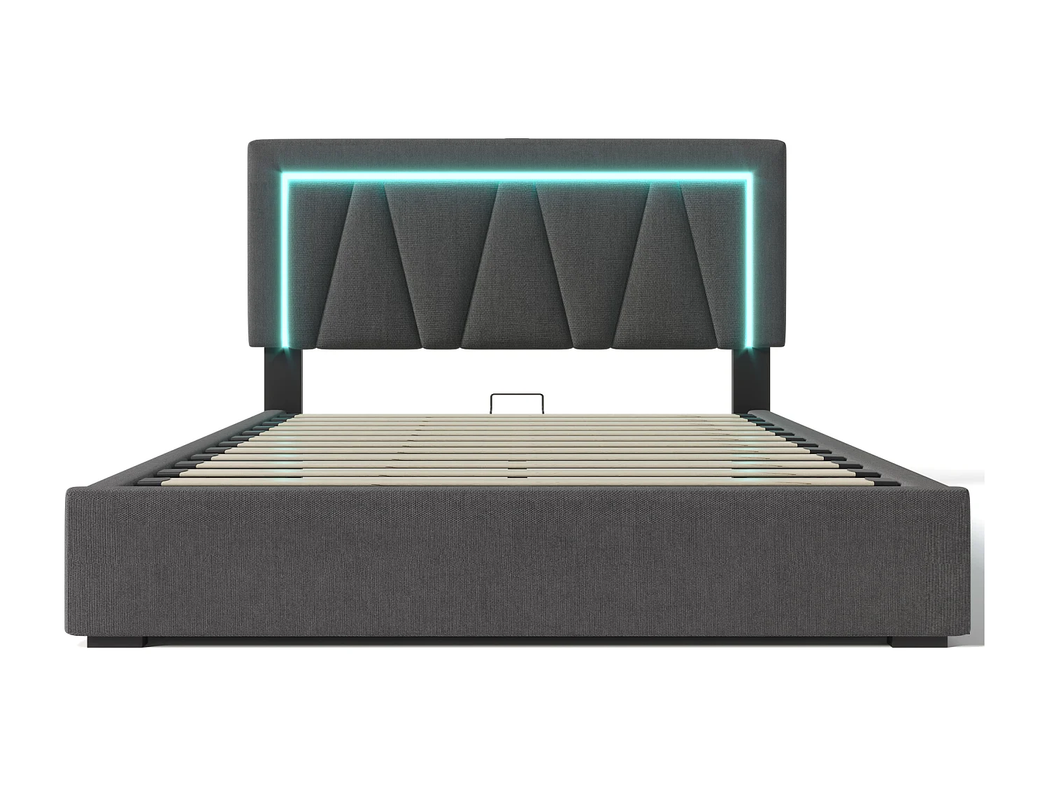 Cama con canapé de 140 x 200 cm - con cabecero ajustable con almacenaje, USB/Tipo C, LED - en lino - gris - colchón incluido