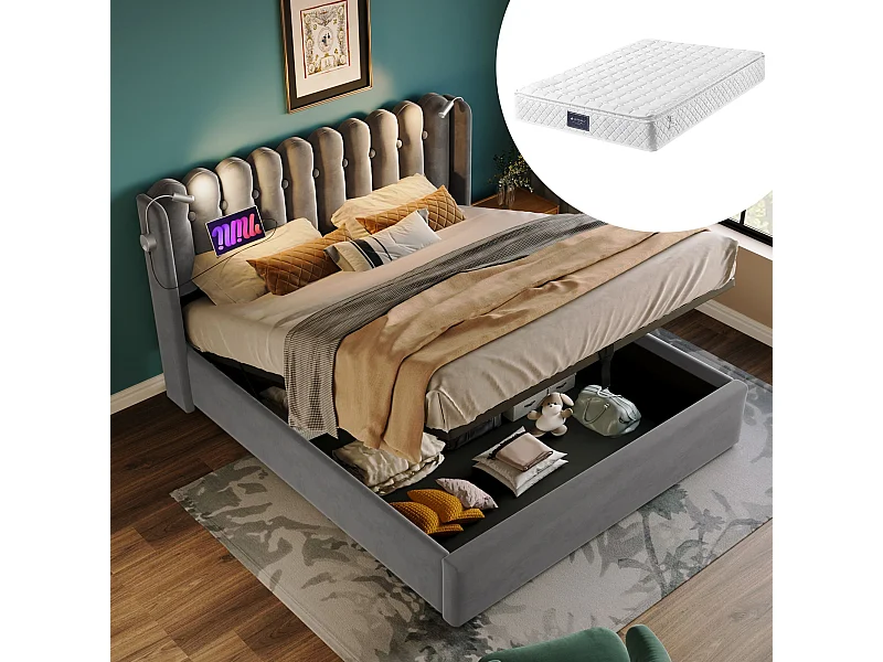 Letto contenitore 160 x 200 cm - Letto matrimoniale con luce di lettura ricaricabile - velluto grigio - materasso incluso