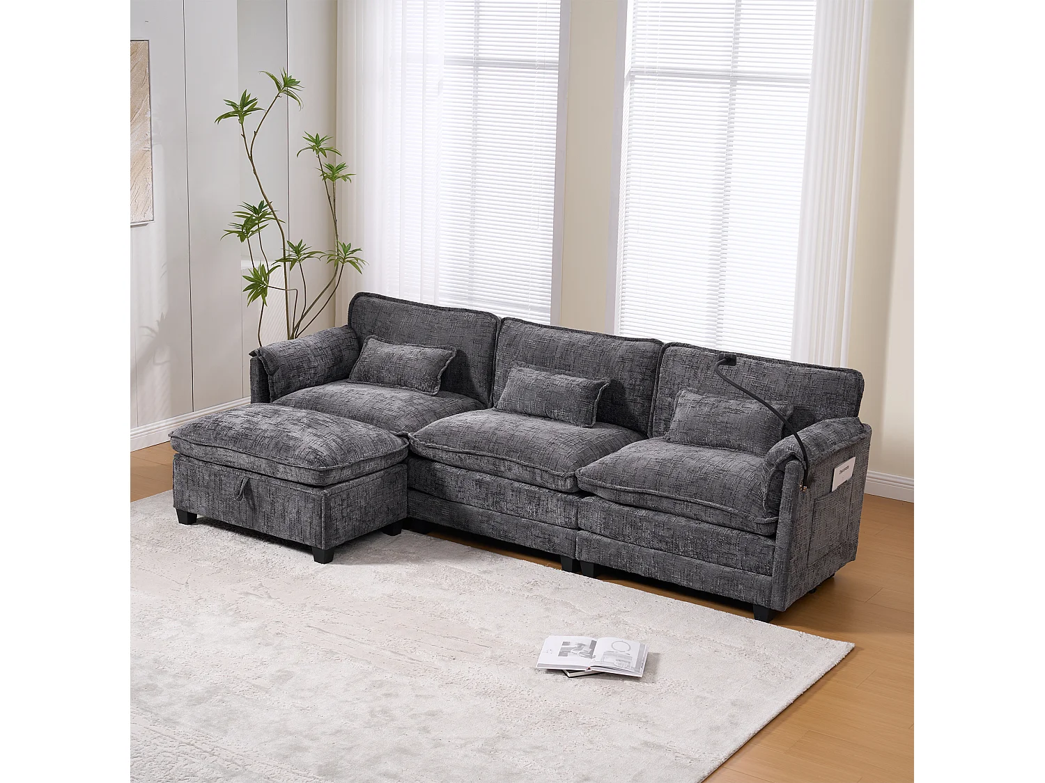 Sofá de 3 plazas con otomana - Sofá esquinero con soporte para teléfono y bolsillos laterales - chenilla gris